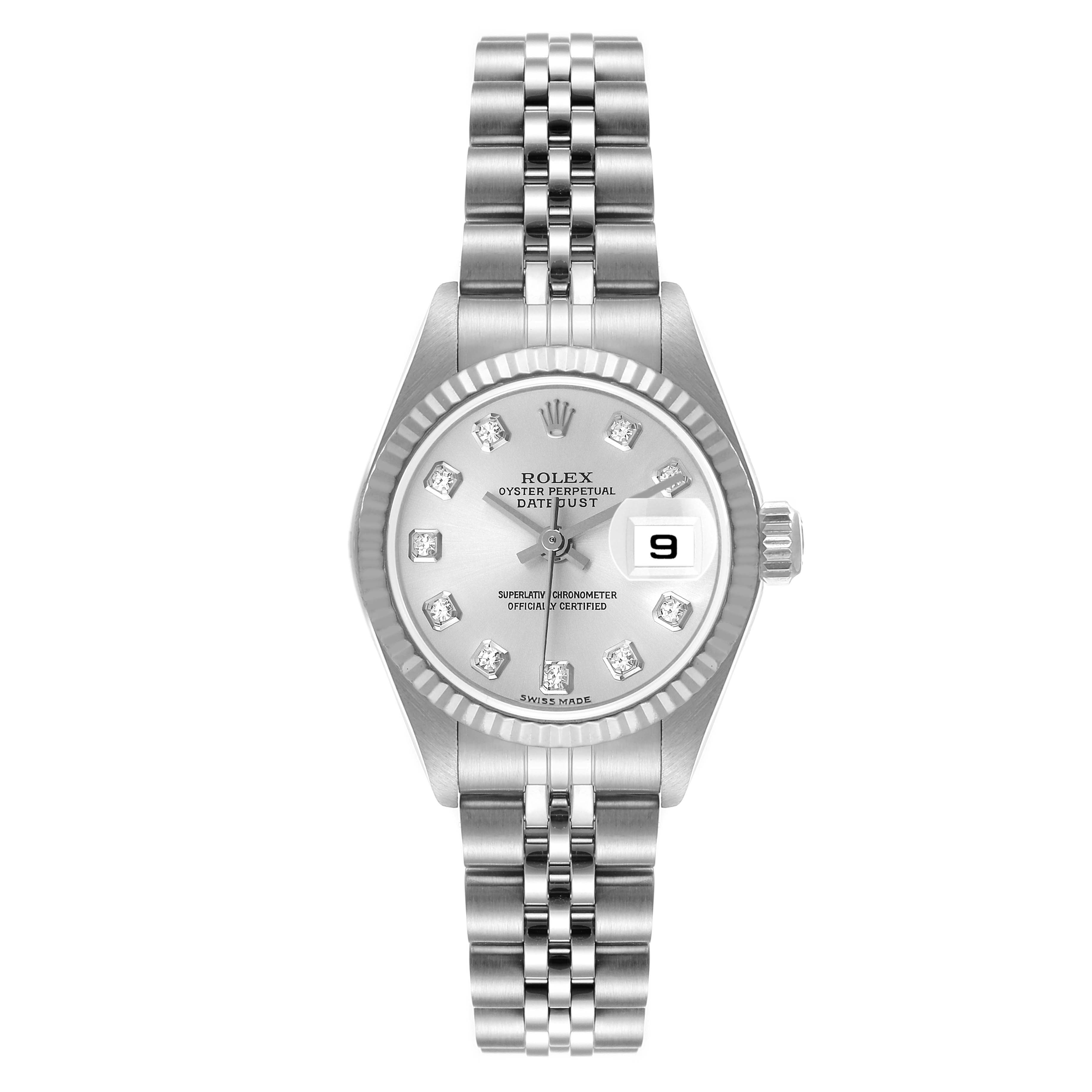 The image shows a front view of a Rolex Datejust 79174 Women's Stainless Steel Silver Dial 79174 Women's Stainless Steel Silver Dial watch, displaying its face, bezel, crown, and bracelet.