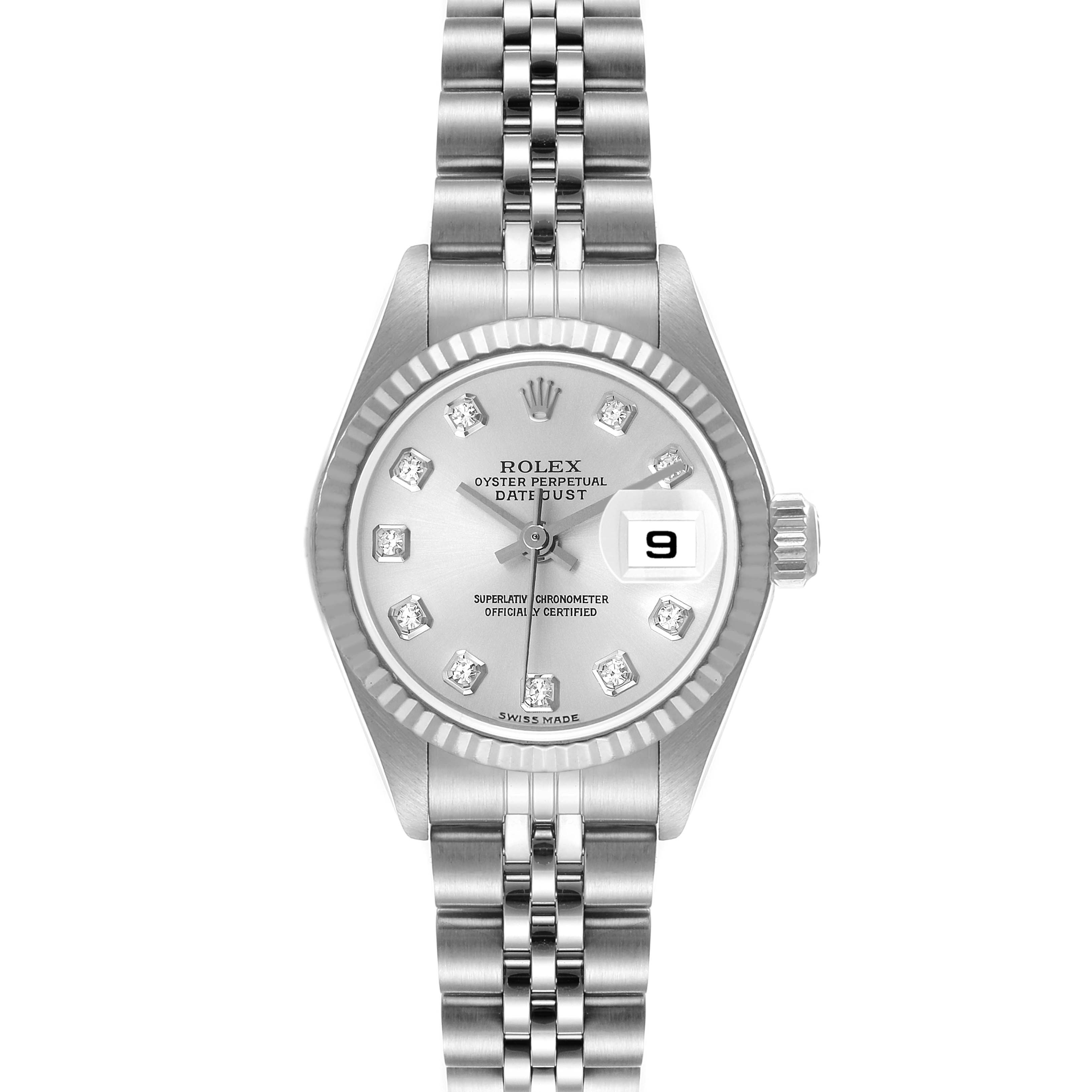 The image shows a front view of the Rolex Datejust 79174 Women's Stainless Steel Silver Dial 79174 Women's Stainless Steel Silver Dial watch, displaying the bracelet, dial, case, and date window at 3 o'clock.