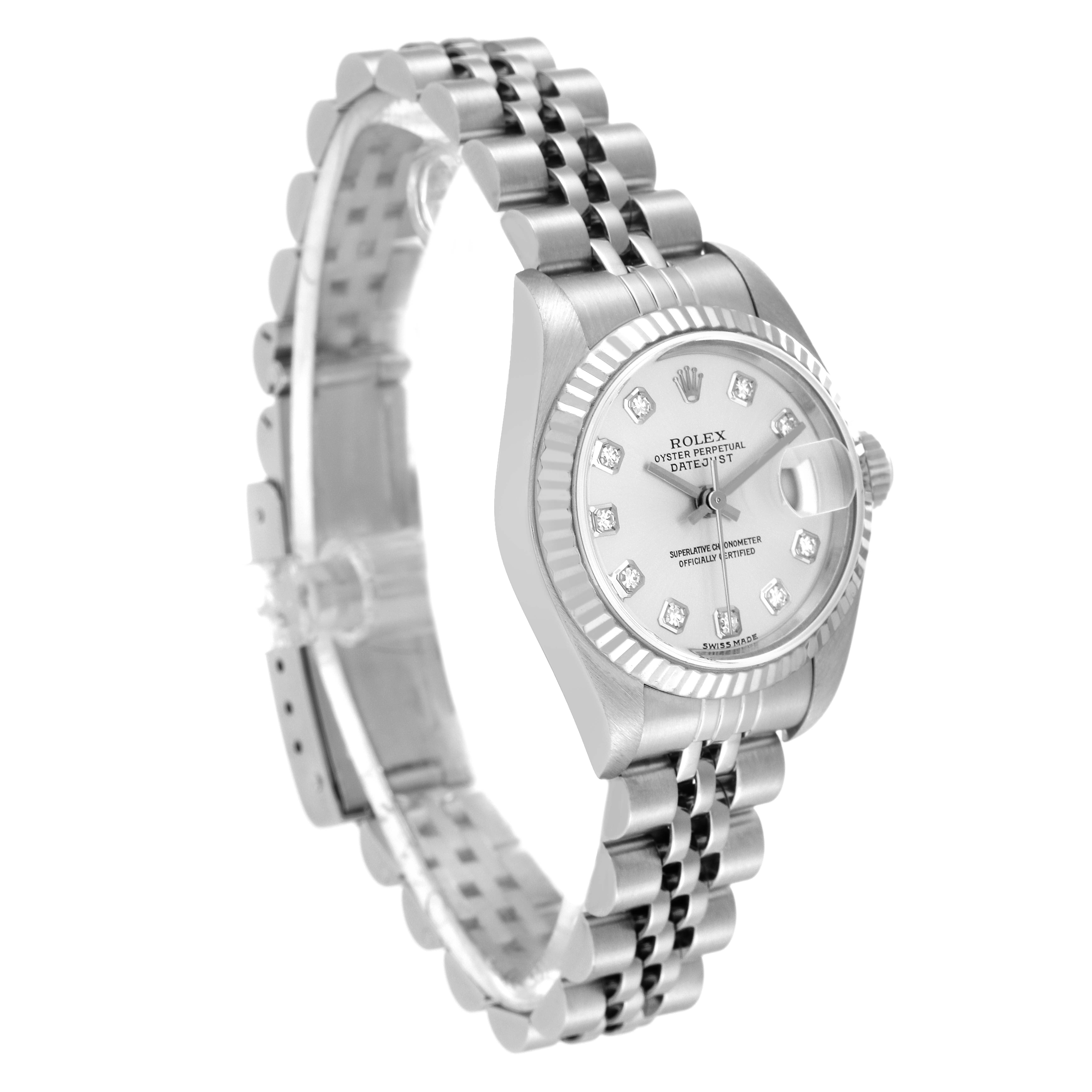 The Rolex Datejust 79174 Women's Stainless Steel Silver Dial 79174 Women's Stainless Steel Silver Dial watch is shown at an angled side view, highlighting the dial, bezel, and bracelet.