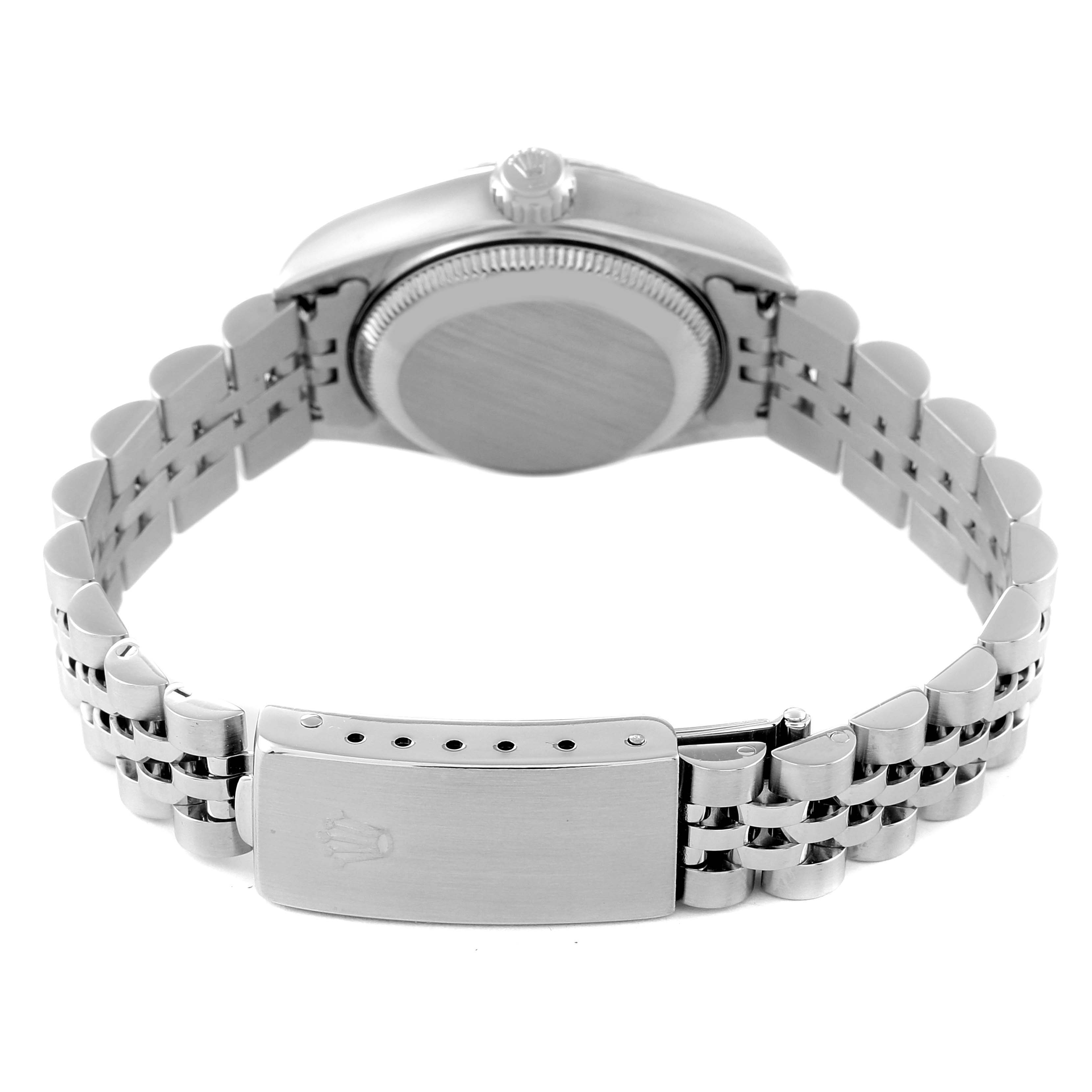 This image shows the back view of a Rolex Datejust 79174 Women's Stainless Steel Silver Dial 79174 Women's Stainless Steel Silver Dial watch, highlighting the clasp, bracelet, and case back.