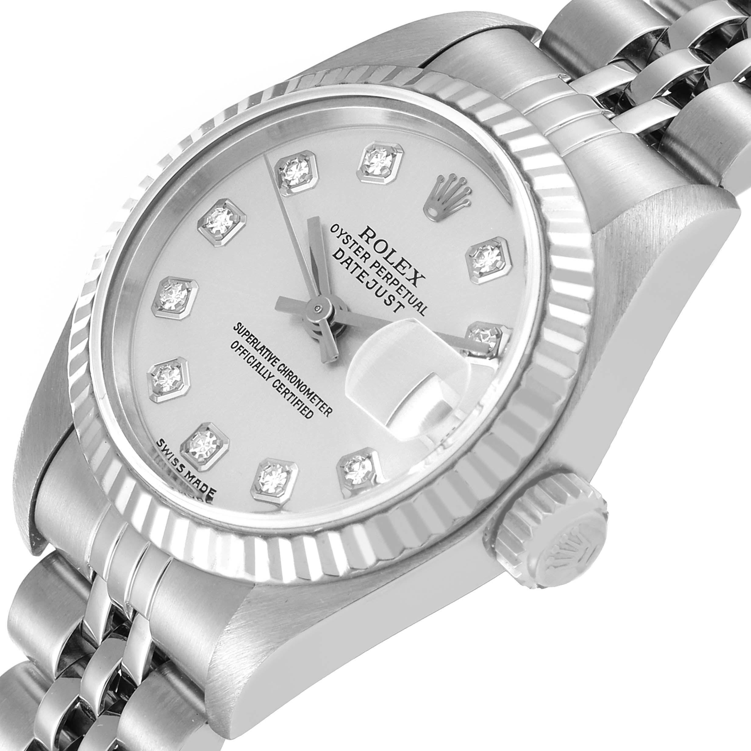 This image shows a close-up, angled view of the face, crown, and the bracelet of the Rolex Datejust 79174 Women's Stainless Steel Silver Dial 79174 Women's Stainless Steel Silver Dial watch.