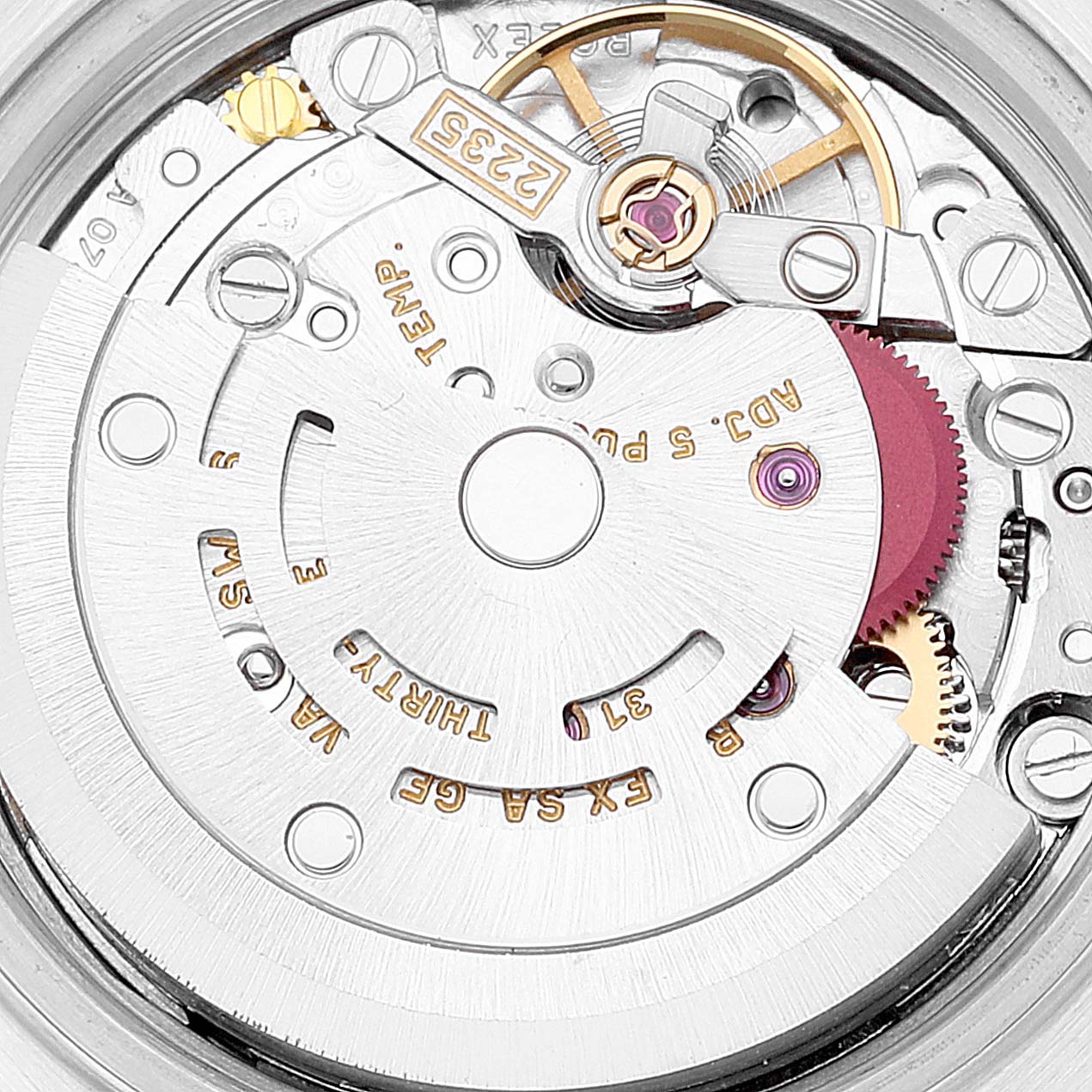 This image shows a close-up view of the internal mechanism of a Rolex Datejust 79174 Women's Stainless Steel Silver Dial 79174 Women's Stainless Steel Silver Dial watch, highlighting its intricate components.