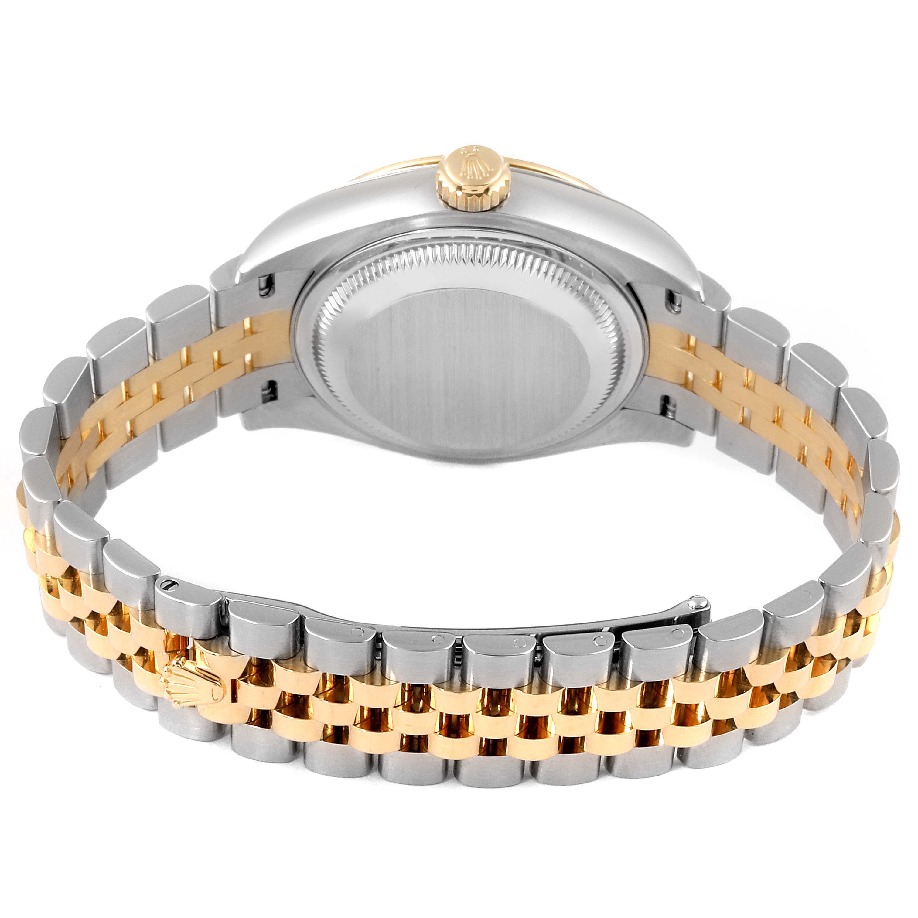 This image shows the back view of a Rolex Datejust 279173 Women's Steel and Gold (two tone) Green Dial 279173 Women's Steel and Gold (two tone) Green Dial model, highlighting the watch case and two-tone bracelet.