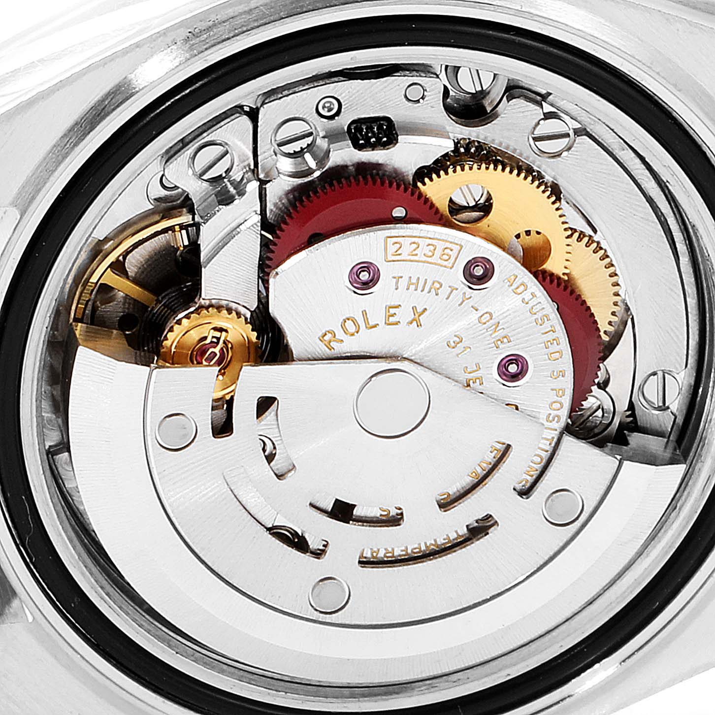 This image shows the internal mechanical movement of a Rolex Datejust 279173 Women's Steel and Gold (two tone) Green Dial 279173 Women's Steel and Gold (two tone) Green Dial model watch from a close-up angle.