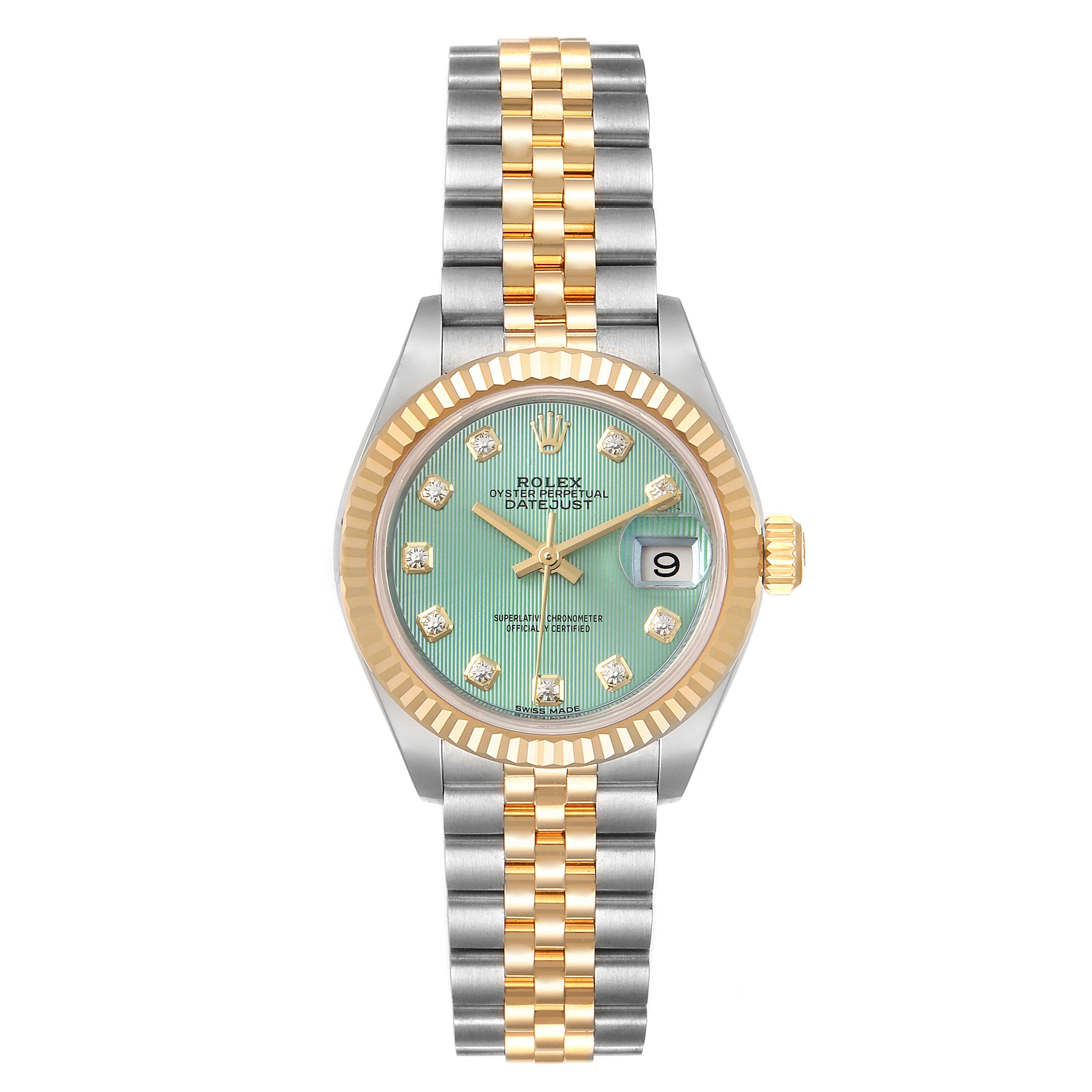 This image shows a front view of the Rolex Datejust 279173 Women's Steel and Gold (two tone) Green Dial 279173 Women's Steel and Gold (two tone) Green Dial model, featuring its dial, bezel, crown, and two-tone bracelet.