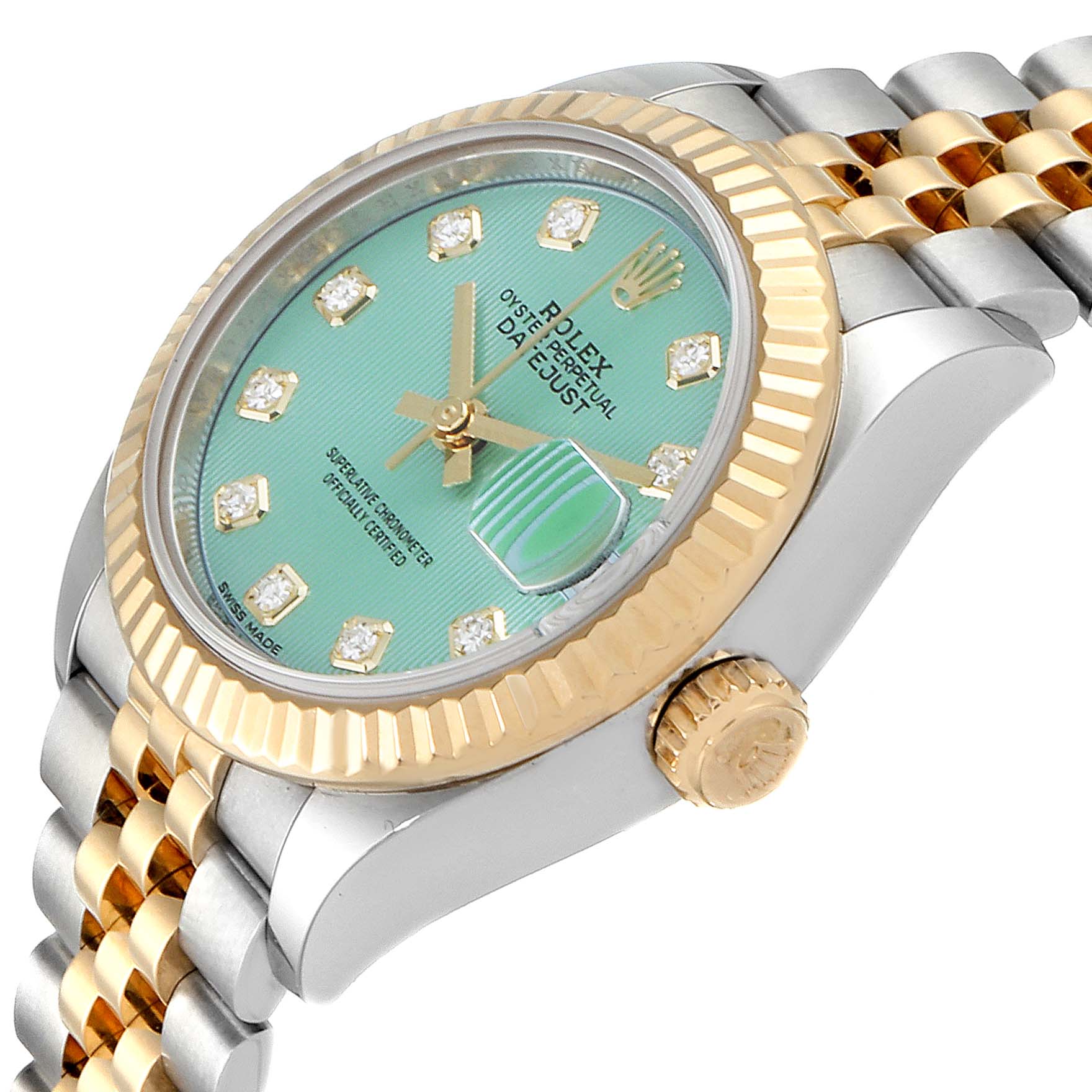 This image shows the side angle of the Rolex Datejust 279173 Women's Steel and Gold (two tone) Green Dial 279173 Women's Steel and Gold (two tone) Green Dial watch, highlighting the bezel, dial, crown, and bracelet.