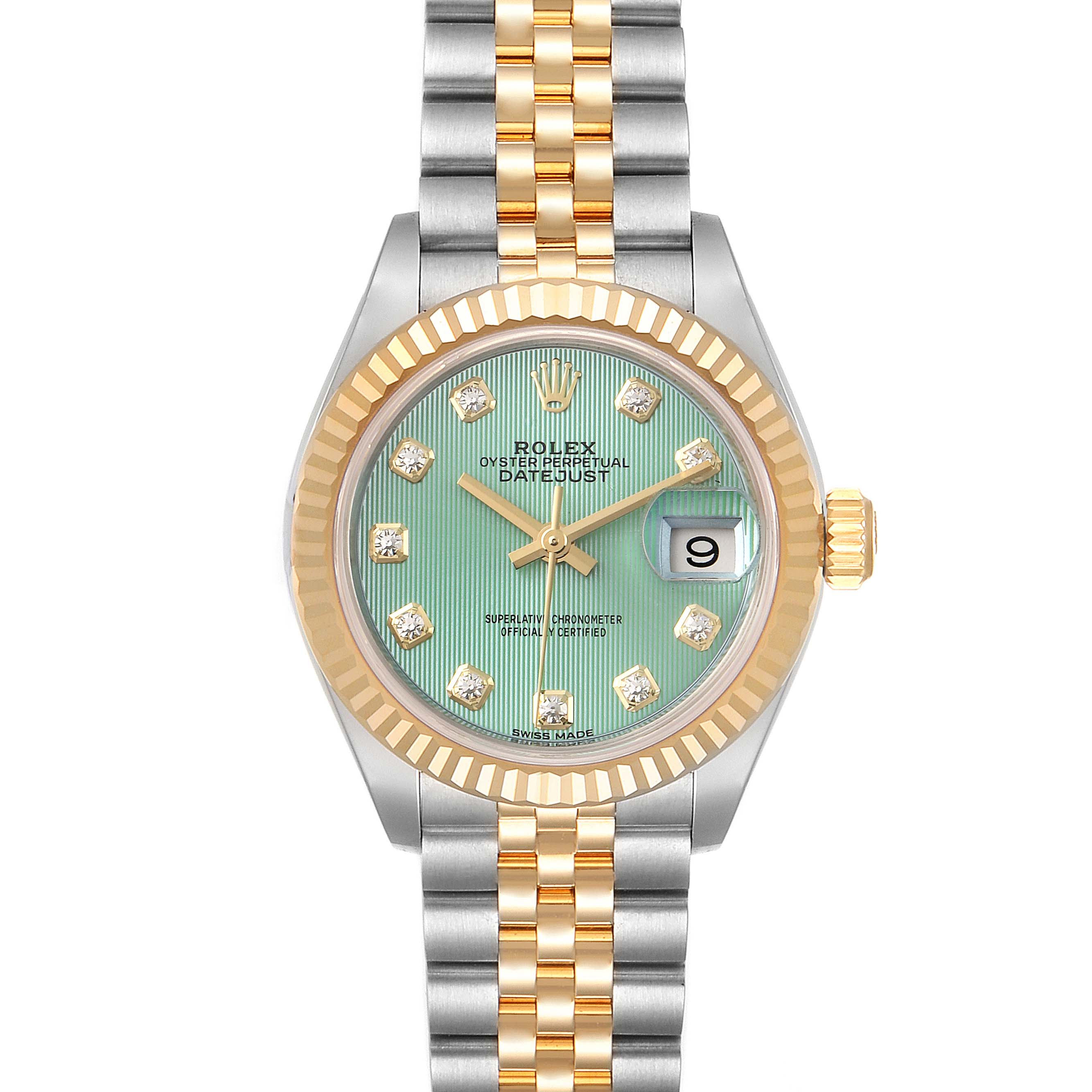 The image shows a Rolex Datejust 279173 Women's Steel and Gold (two tone) Green Dial 279173 Women's Steel and Gold (two tone) Green Dial watch from the front, displaying the dial, bezel, case, and bracelet, with the date window visible.