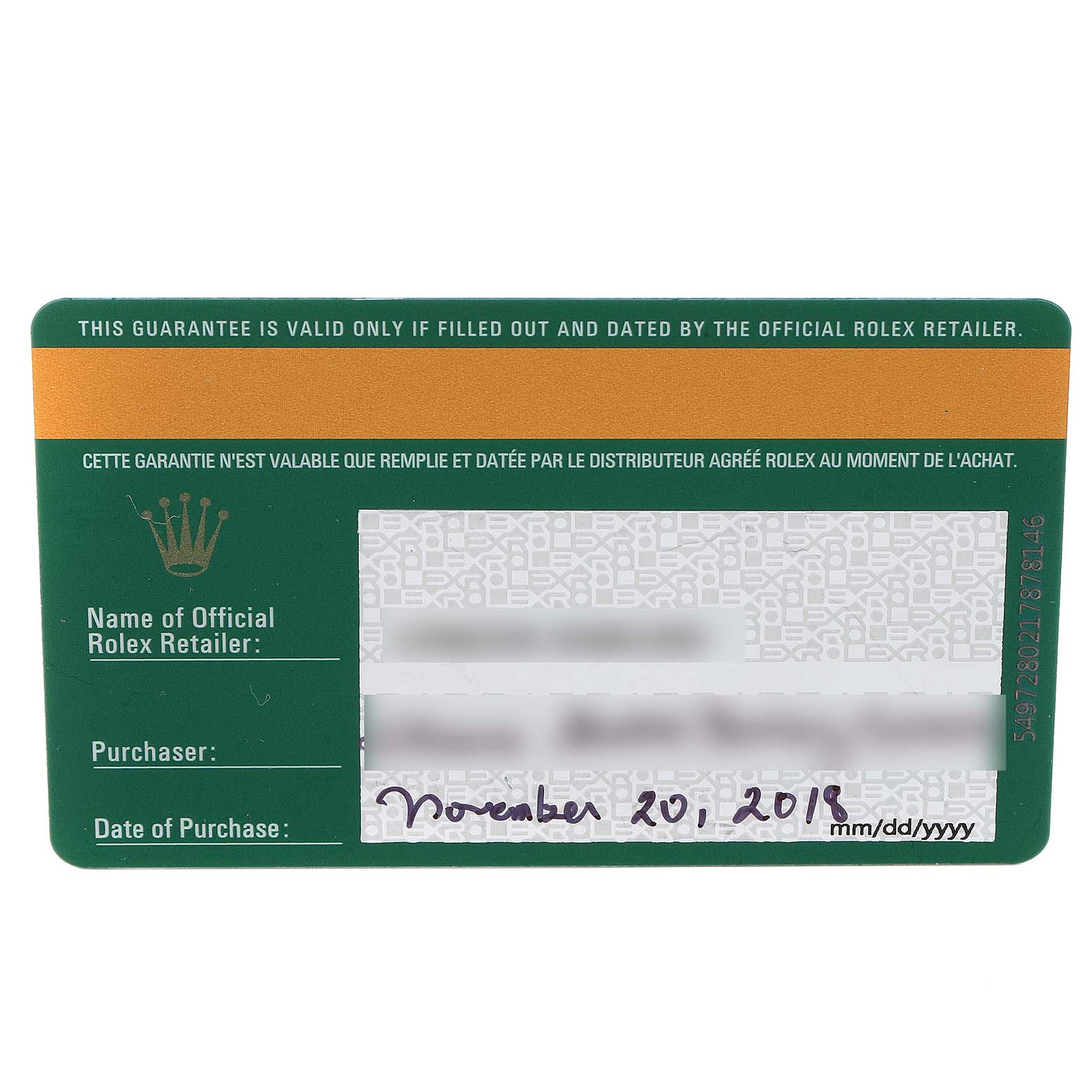 This is an official warranty card for the Rolex Datejust 279173 Women's Steel and Gold (two tone) Green Dial 279173 Women's Steel and Gold (two tone) Green Dial model, showing retailer information and purchase date.