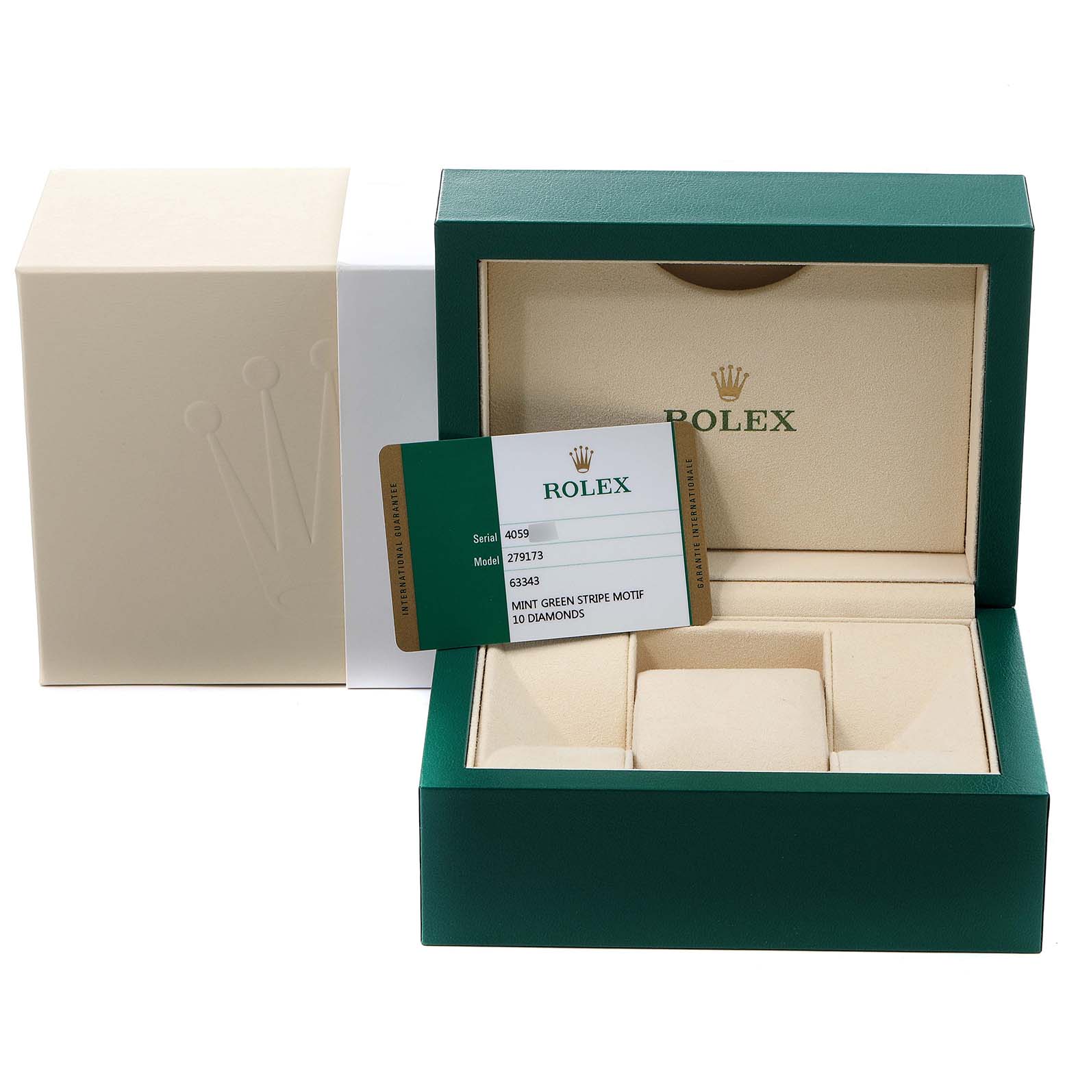 The image shows the packaging and authenticity card for a Rolex Datejust 279173 Women's Steel and Gold (two tone) Green Dial 279173 Women's Steel and Gold (two tone) Green Dial model, including the box and cardholder.