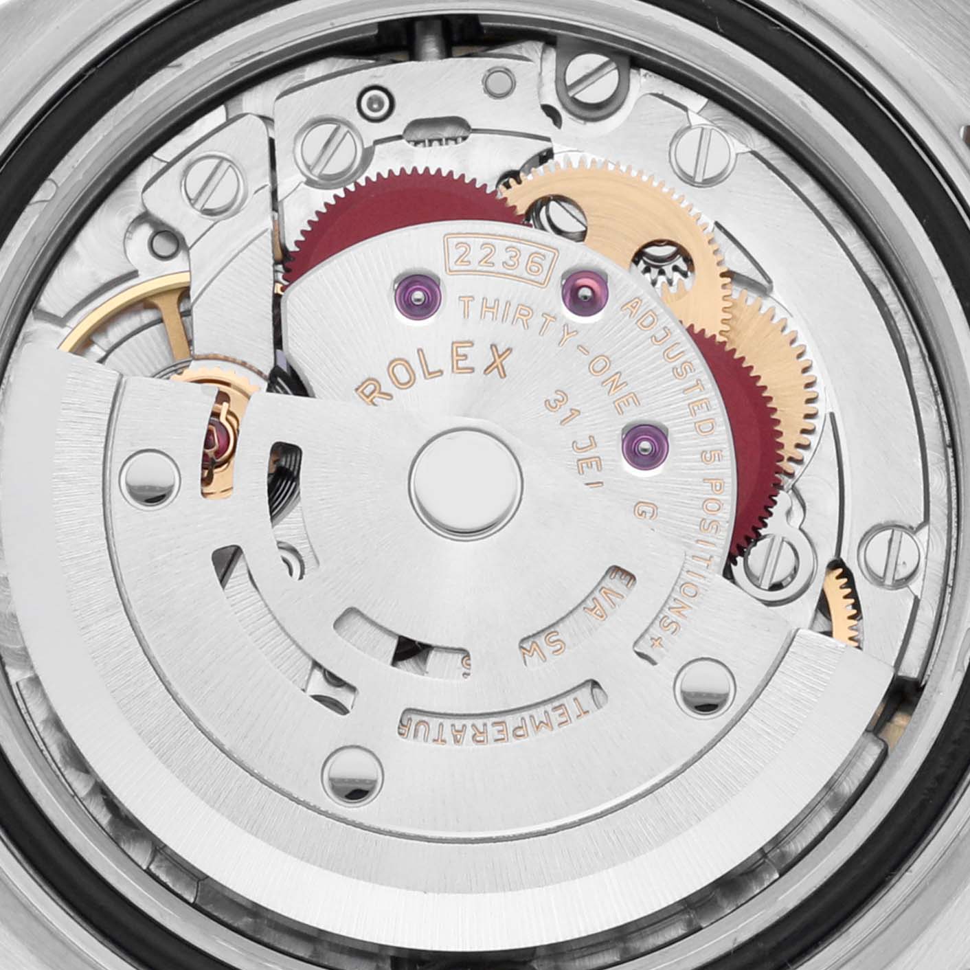 The image shows the movement mechanism of a Rolex Datejust 279173 Women's Steel and Gold (two tone) Champagne Dial 279173 Women's Steel and Gold (two tone) Champagne Dial watch from a top-down perspective.