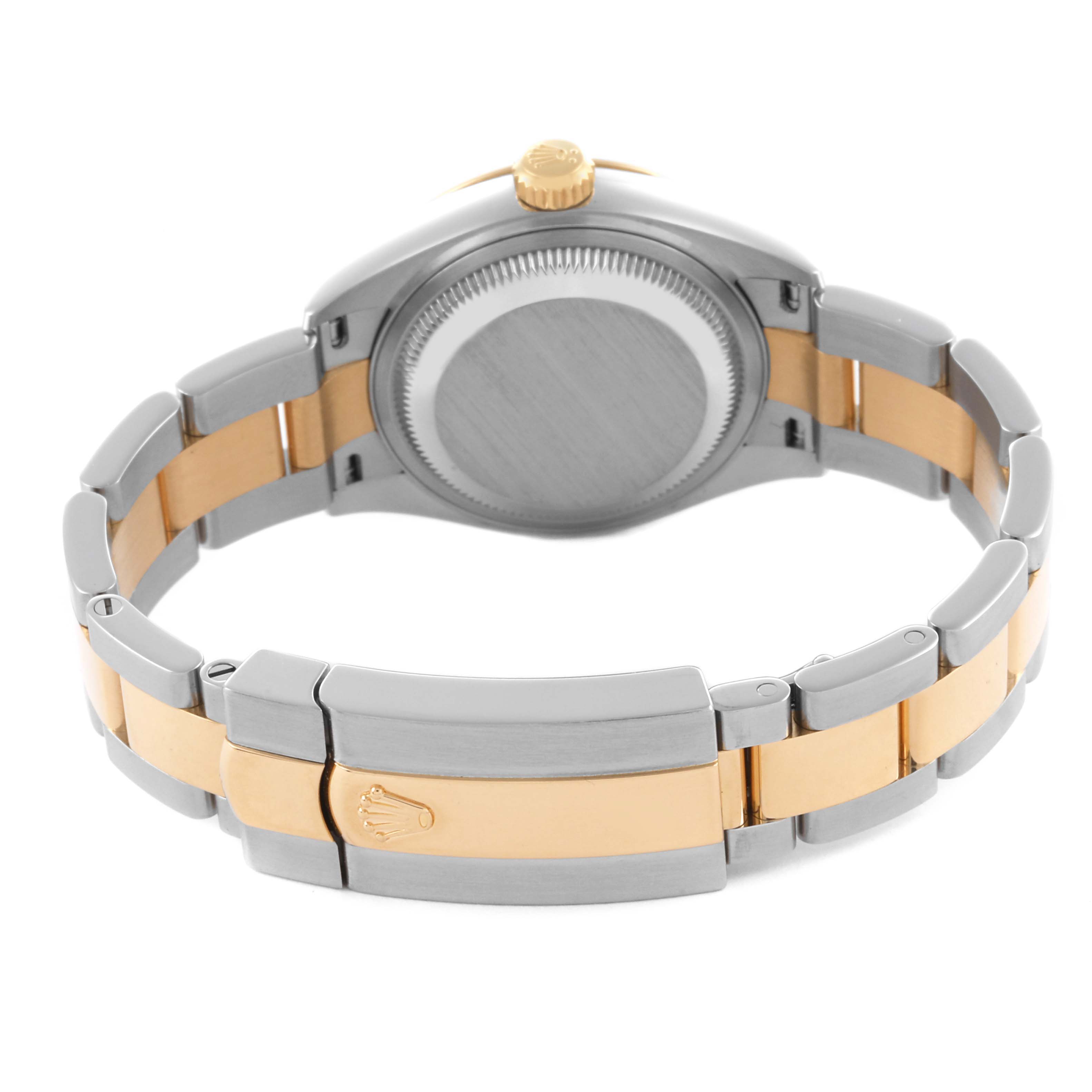 The image shows the back case and bracelet clasp of a Rolex Datejust 279173 Women's Steel and Gold (two tone) Champagne Dial 279173 Women's Steel and Gold (two tone) Champagne Dial watch from a rear angle.