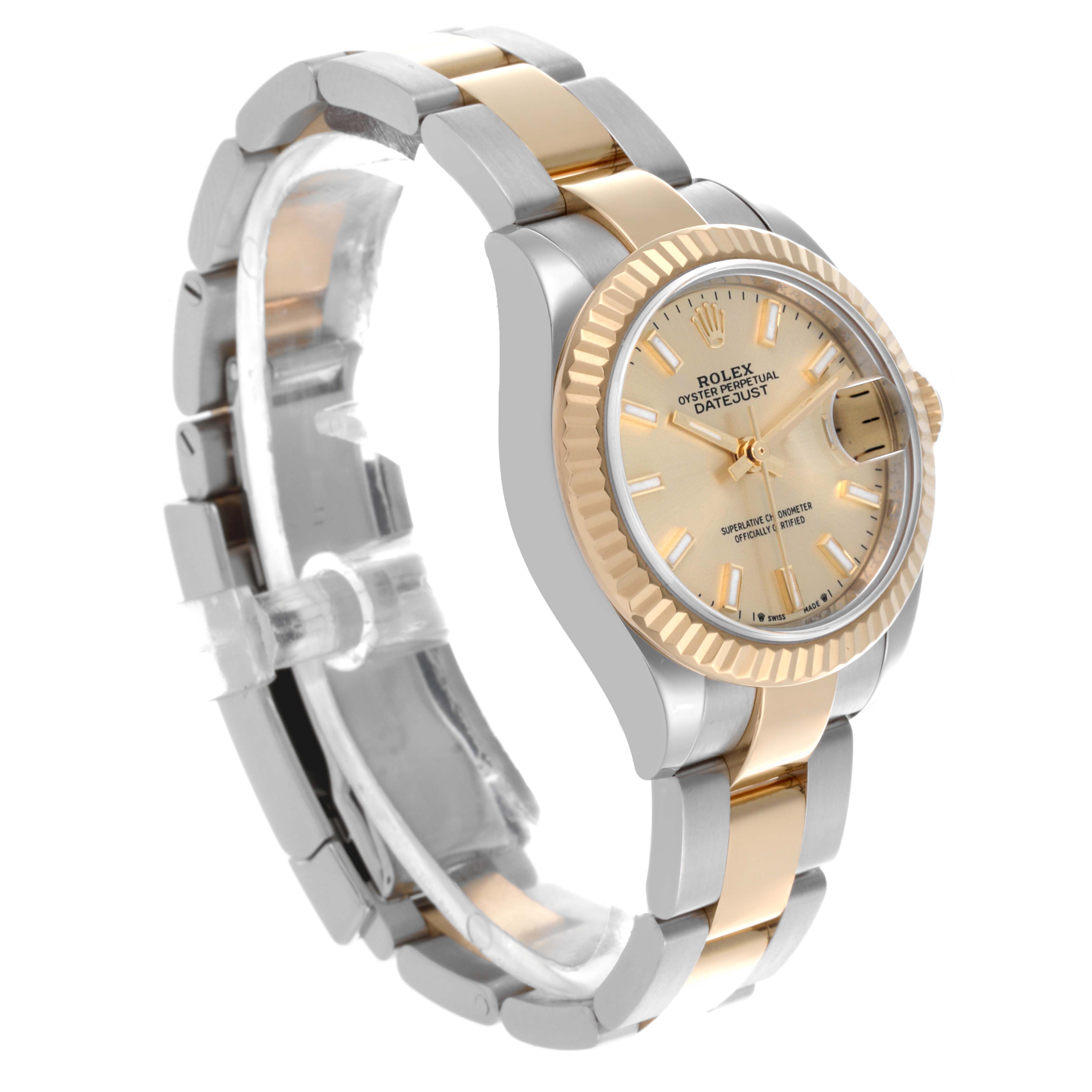 The Rolex Datejust 279173 Women's Steel and Gold (two tone) Champagne Dial 279173 Women's Steel and Gold (two tone) Champagne Dial watch is shown at a three-quarter angle, highlighting the gold bezel, dial, and two-tone bracelet.
