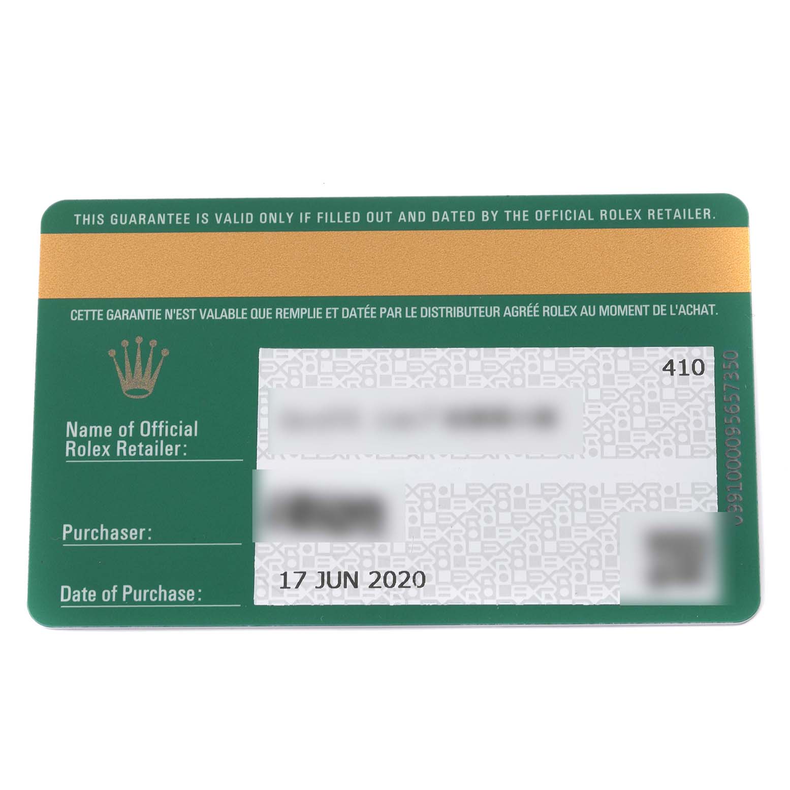 The image shows a warranty card for a Rolex Datejust 279173 Women's Steel and Gold (two tone) Champagne Dial 279173 Women's Steel and Gold (two tone) Champagne Dial, displaying details like the purchase date.