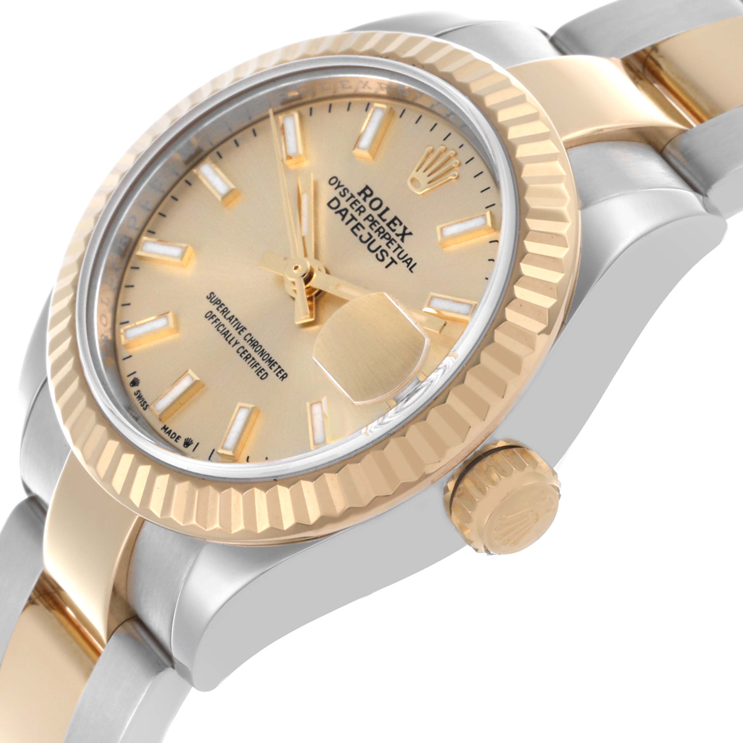 The Rolex Datejust 279173 Women's Steel and Gold (two tone) Champagne Dial 279173 Women's Steel and Gold (two tone) Champagne Dial watch is shown at an angle highlighting the gold dial, bezel, and part of the bracelet.