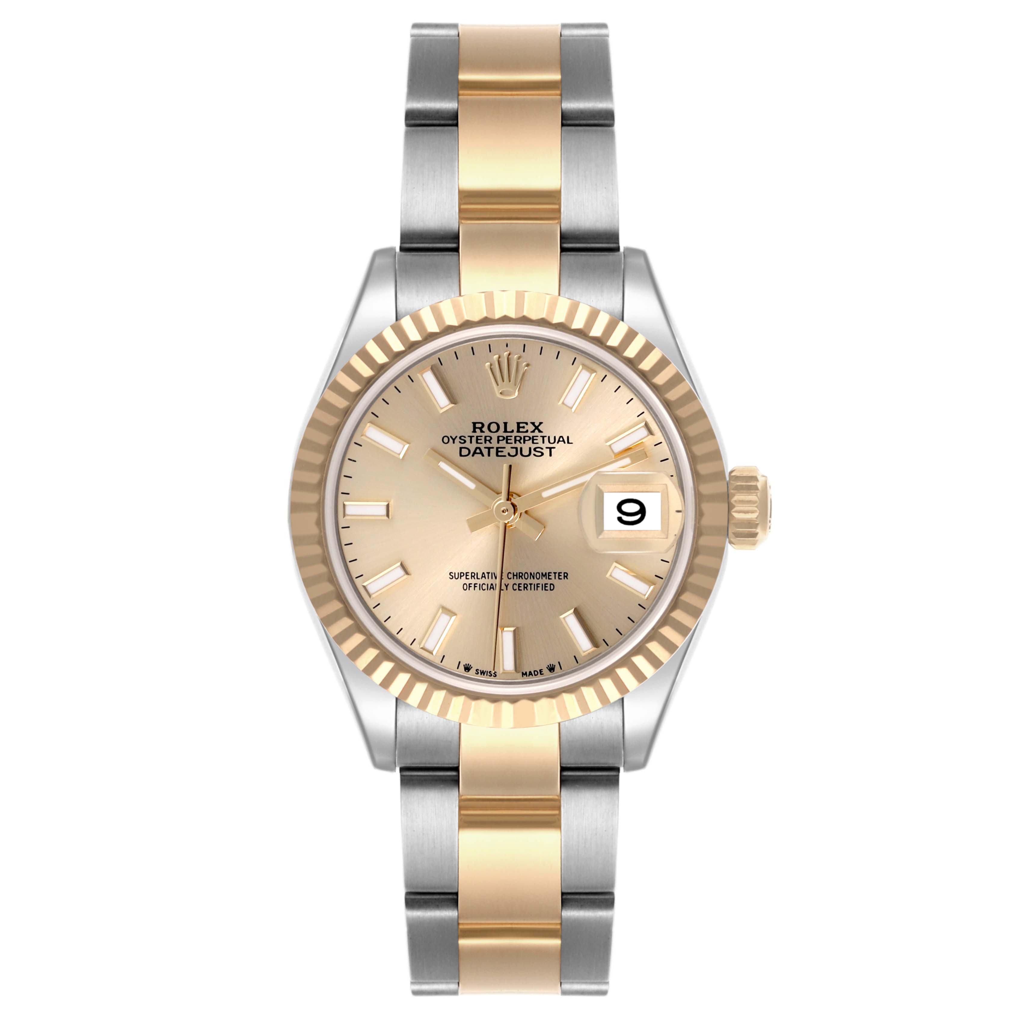 The Rolex Datejust 279173 Women's Steel and Gold (two tone) Champagne Dial 279173 Women's Steel and Gold (two tone) Champagne Dial watch is shown from the front, displaying its dial, bezel, and bracelet.