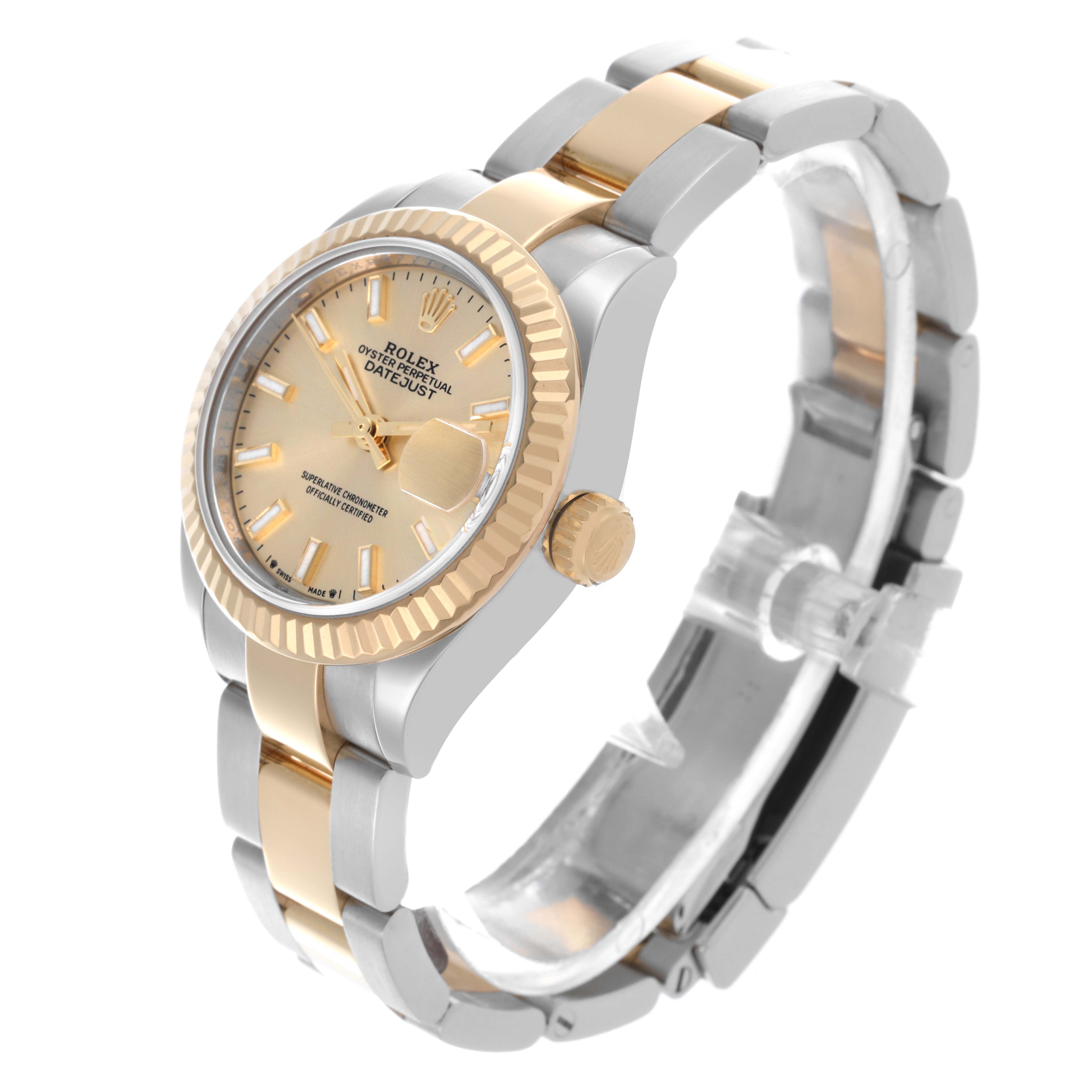 The Rolex Datejust 279173 Women's Steel and Gold (two tone) Champagne Dial 279173 Women's Steel and Gold (two tone) Champagne Dial watch is shown at a three-quarter angle, displaying its face, crown, and two-tone bracelet.