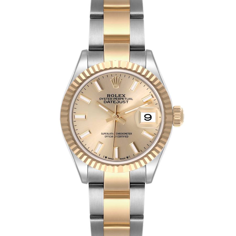 The Rolex Datejust watch is shown from a front angle, displaying the dial, bezel, crown, and two-tone bracelet.