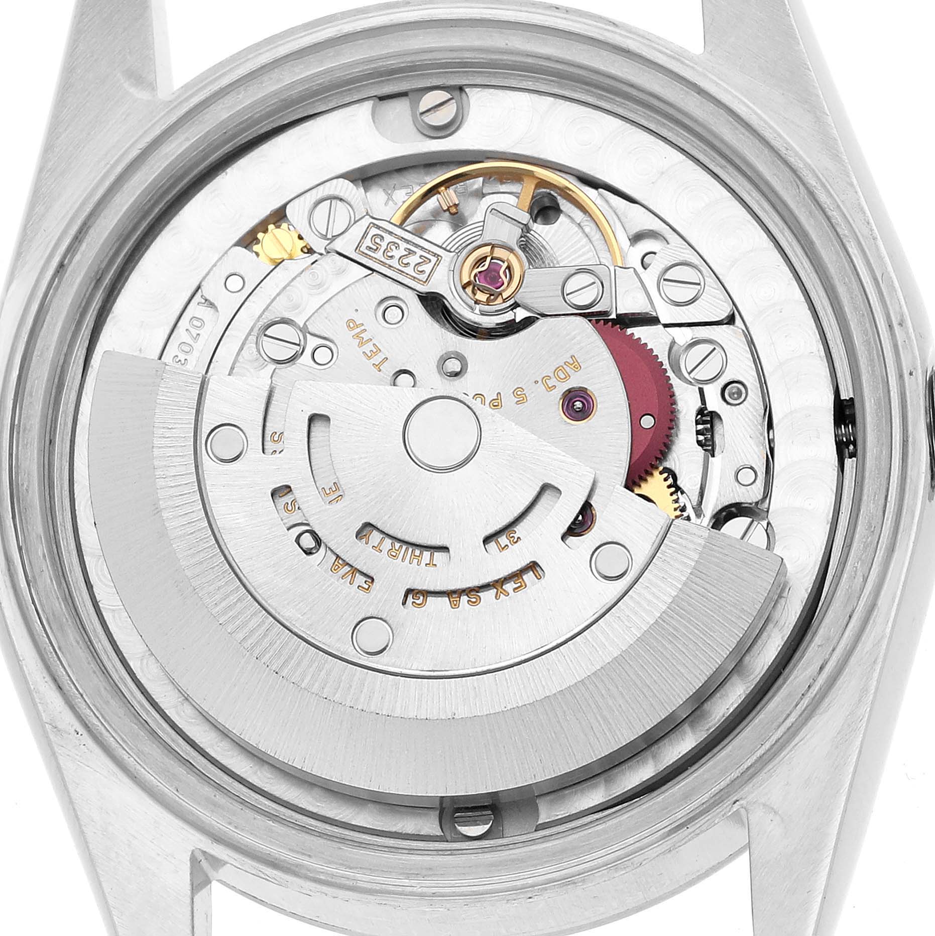 The image shows the internal movement of a Rolex Datejust 78240 Women's Stainless Steel Pink Dial watch, viewed from the back, highlighting the rotor and gears.