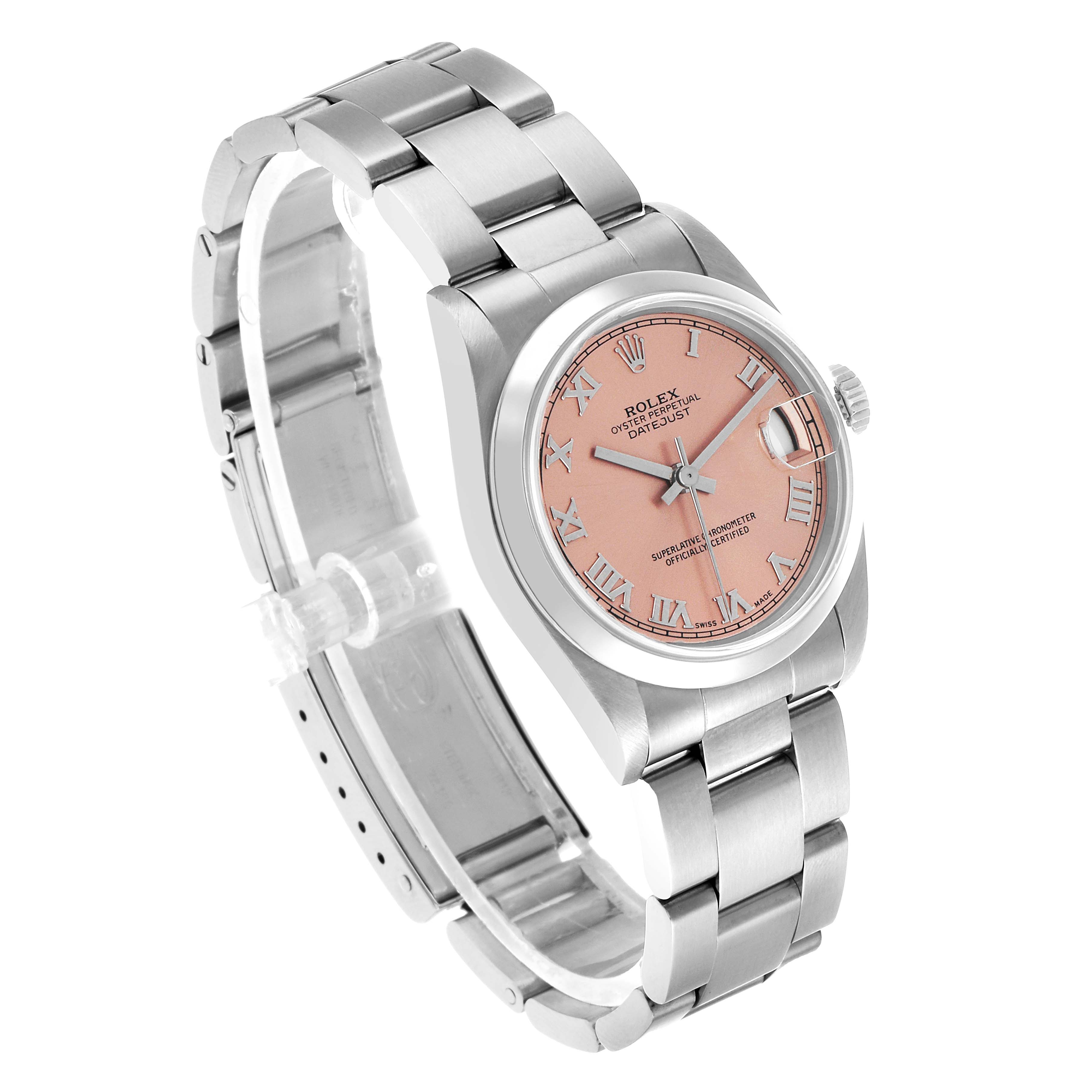 The Rolex Datejust 78240 Women's Stainless Steel Pink Dial watch is angled to show the face, case, bracelet, and crown with a clear view of the pink dial.