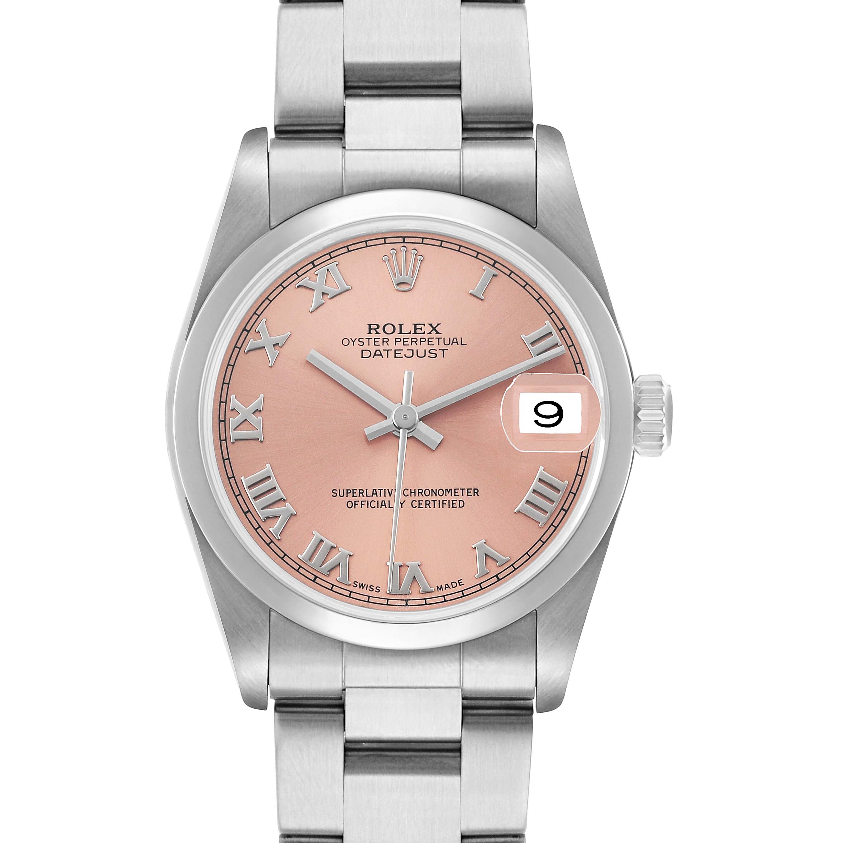 The Rolex Datejust 78240 Women's Stainless Steel Pink Dial watch is shown from a top-down angle, displaying the face, hands, bezel, crown, and part of the bracelet.