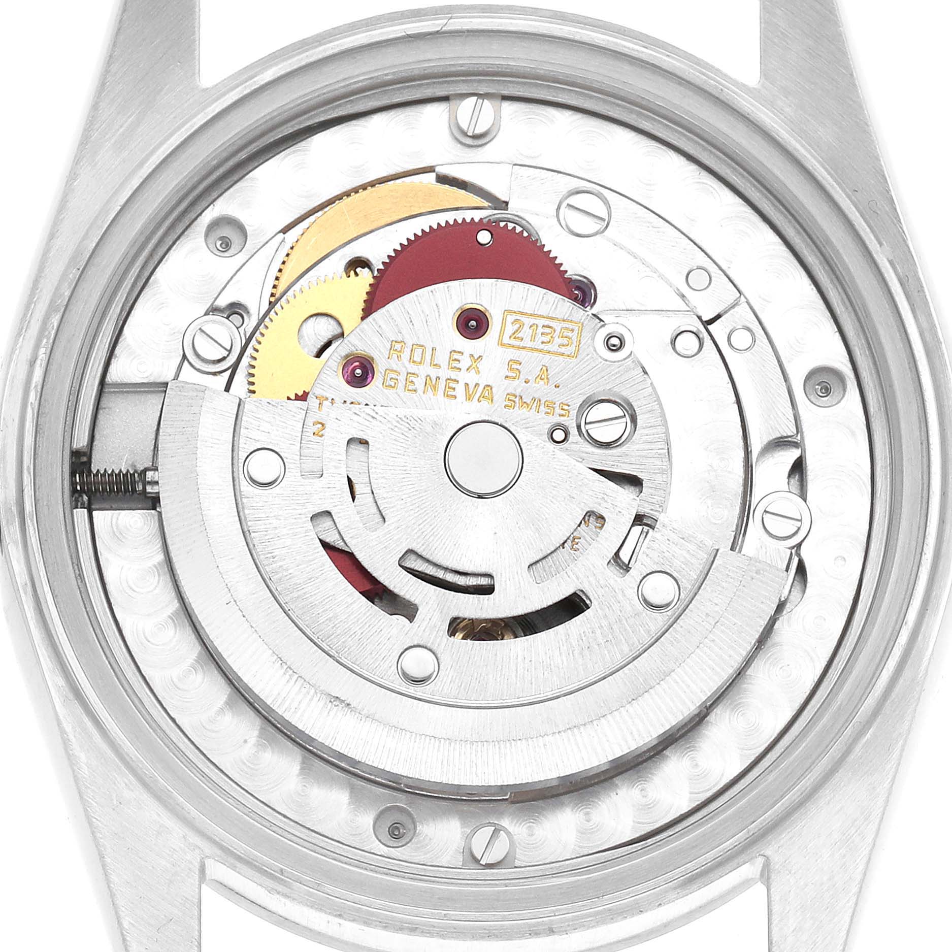 The image shows the movement of a Rolex Datejust 68274 Women's Stainless Steel Silver Dial watch from the back, revealing gears and the rotor.