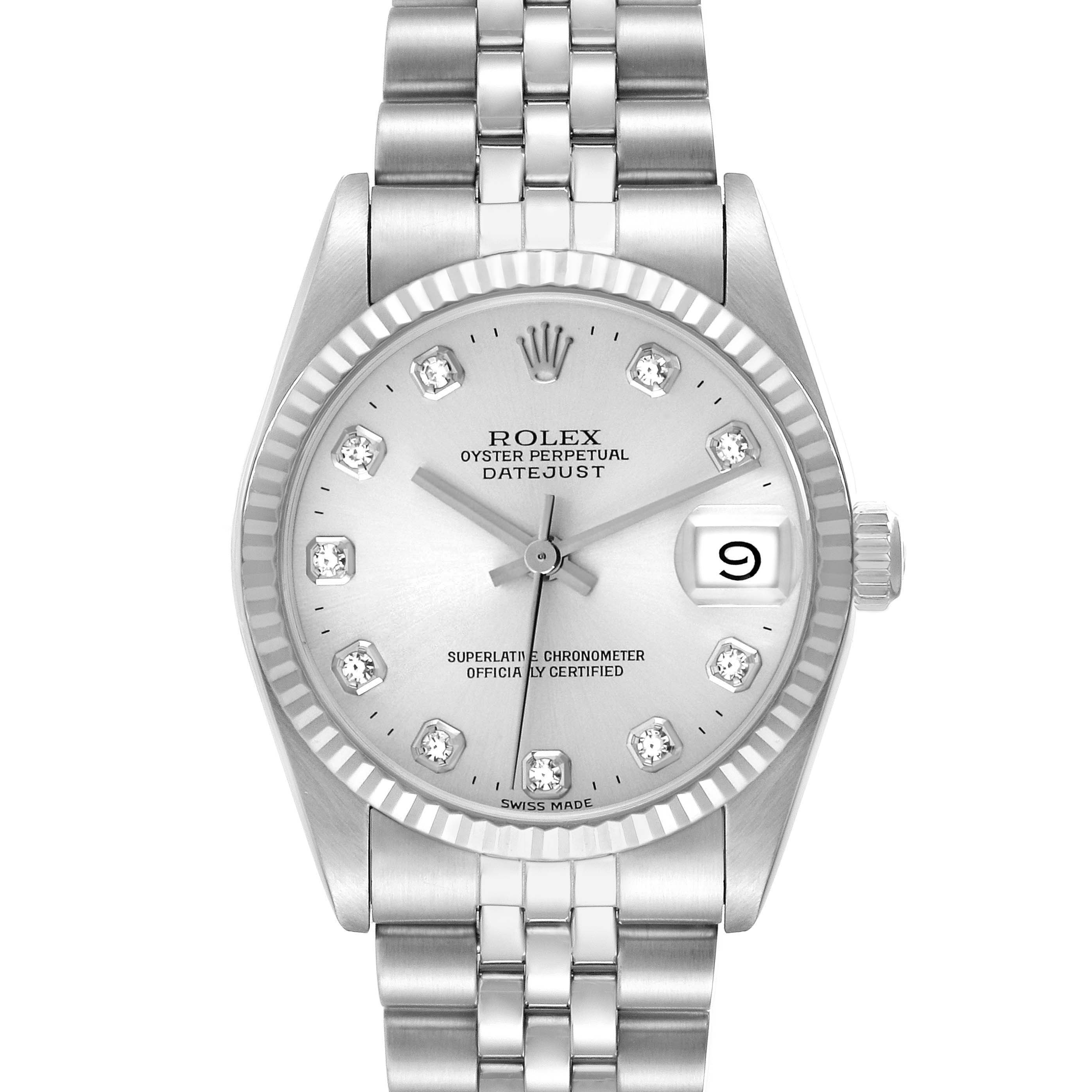 The Rolex Datejust 68274 Women's Stainless Steel Silver Dial watch is shown from a straight-on angle, highlighting the dial, bezel, bracelet, and date window.