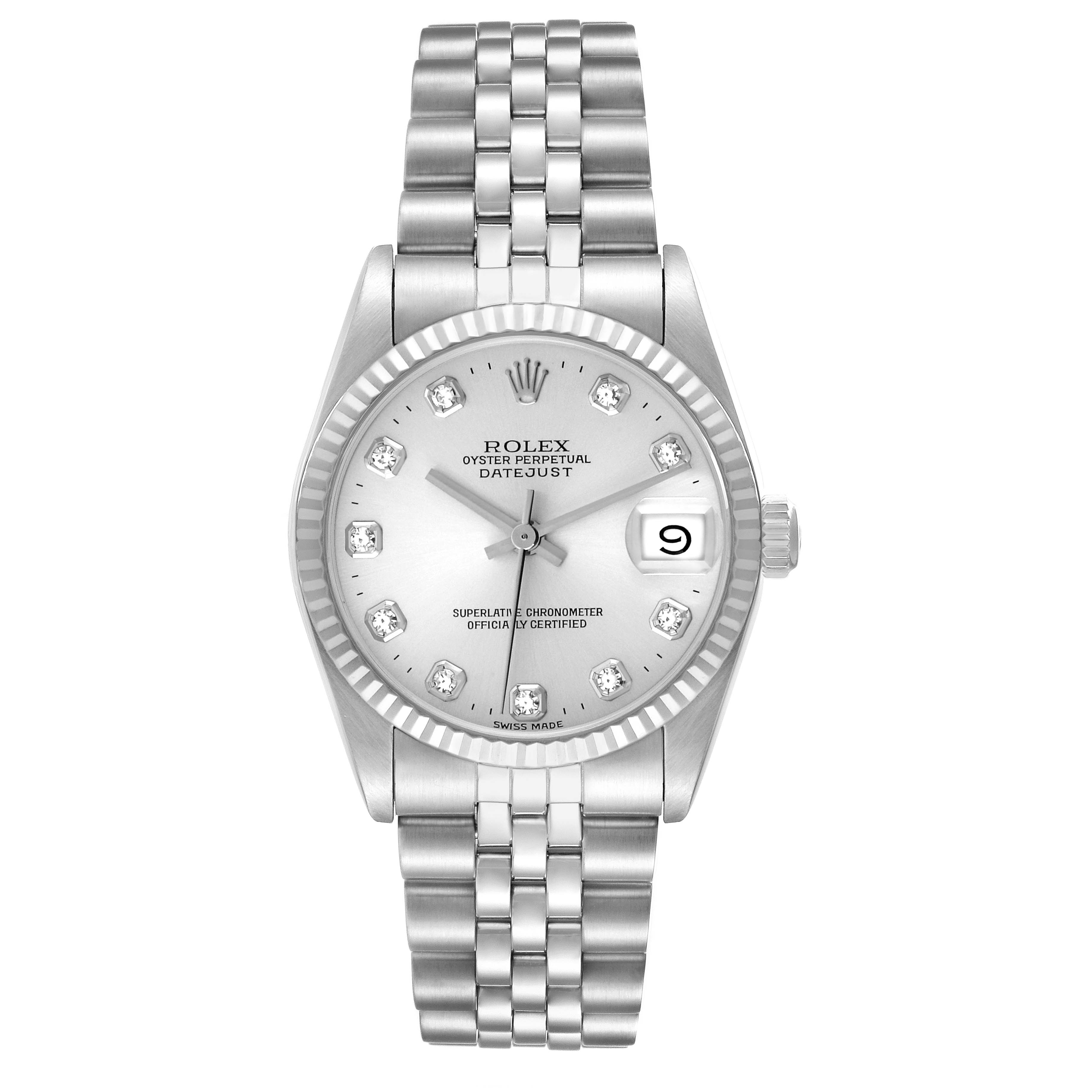 The Rolex Datejust 68274 Women's Stainless Steel Silver Dial watch is shown from a top-down angle, highlighting the dial, bezel, and bracelet.