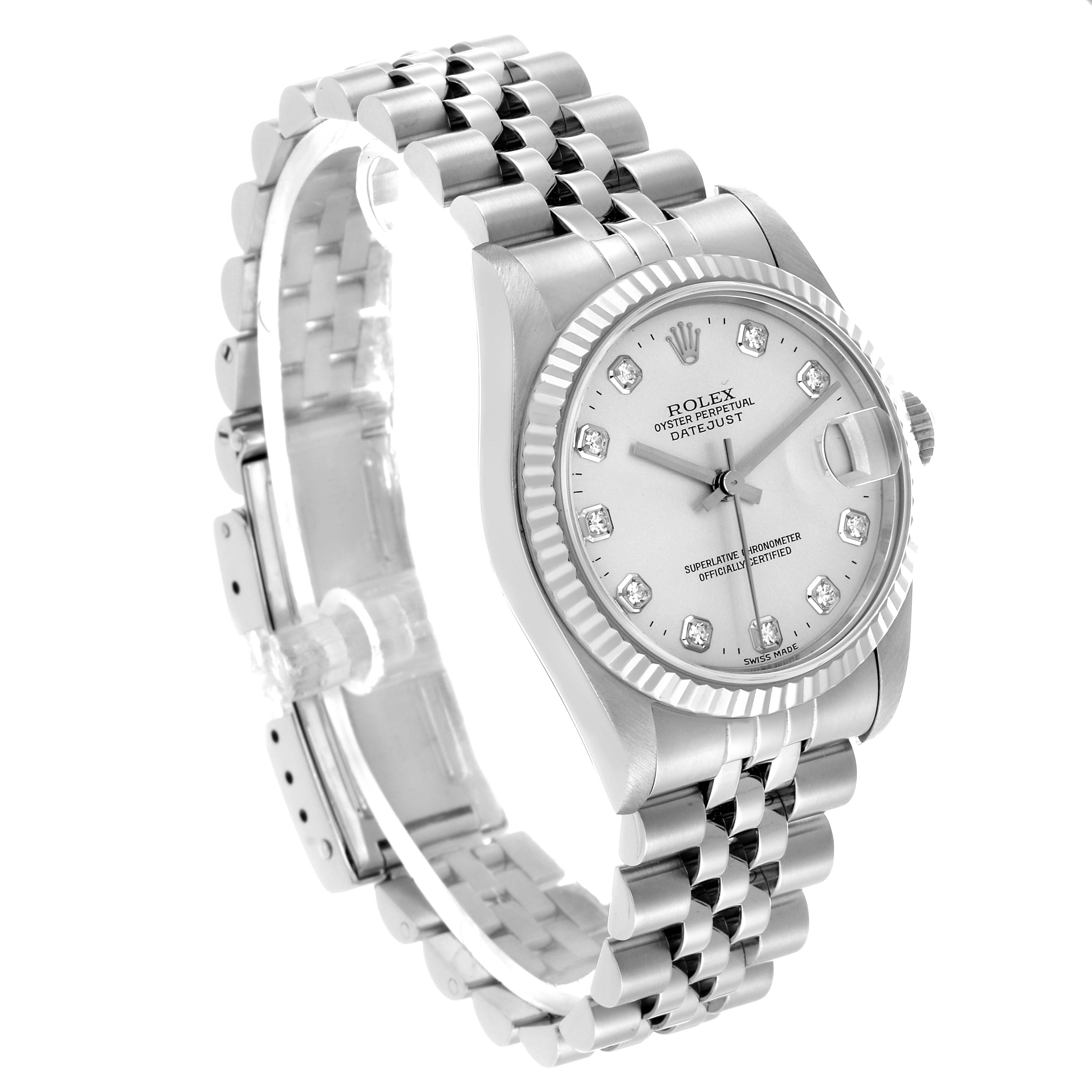 The Rolex Datejust 68274 Women's Stainless Steel Silver Dial is shown at a slight angle, highlighting the dial, bezel, bracelet, and clasp.