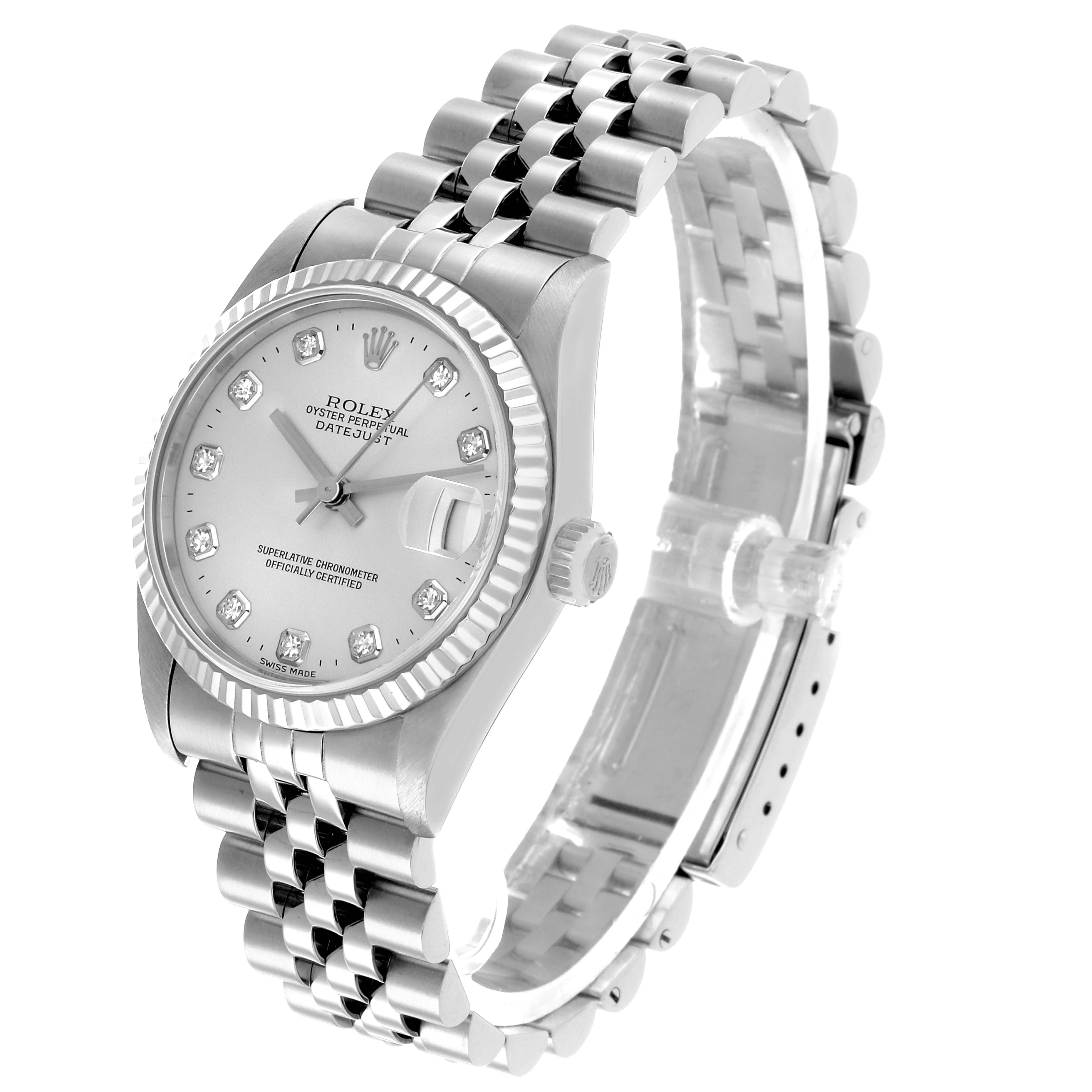 The Rolex Datejust 68274 Women's Stainless Steel Silver Dial watch is shown at a three-quarter angle, displaying the face, bracelet, and fluted bezel.