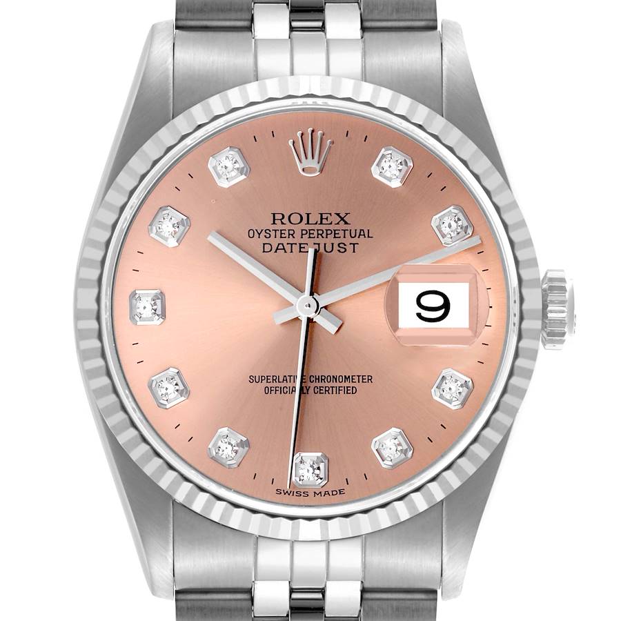 The Rolex Datejust watch is shown from the front, highlighting the dial, bezel, and bracelet.