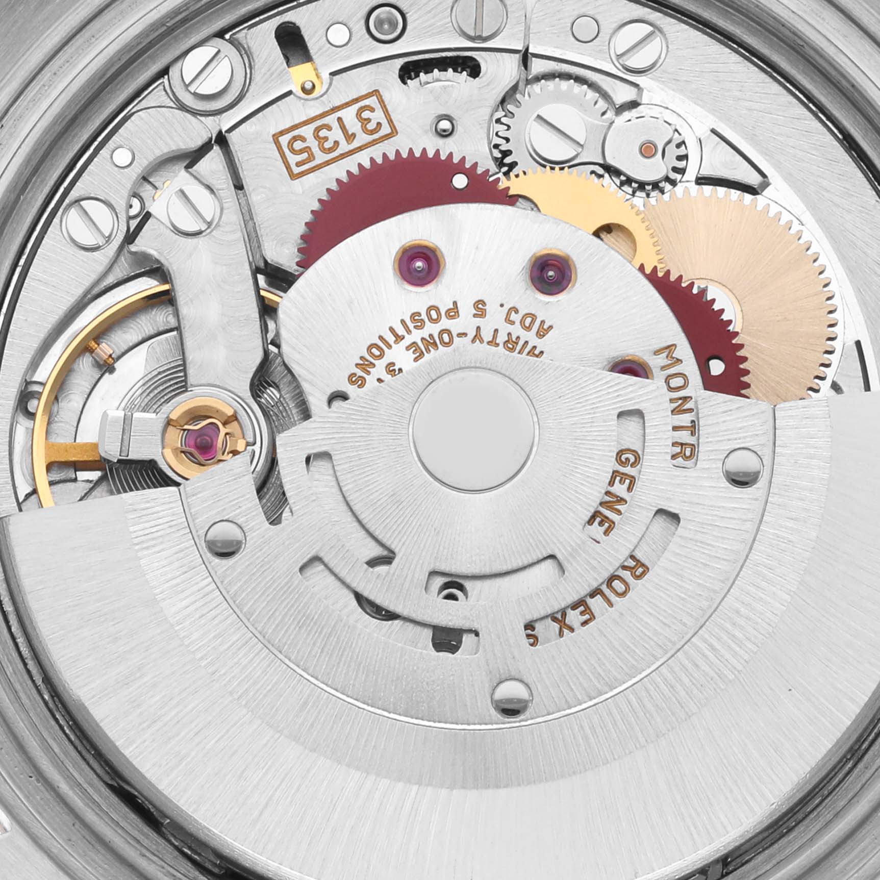 The image shows the movement of a Rolex Datejust 16233 Men's Steel and Gold (two tone) Black Dial 16233 Men's Steel and Gold (two tone) Black Dial, highlighting its intricate gears and rotor from the back.