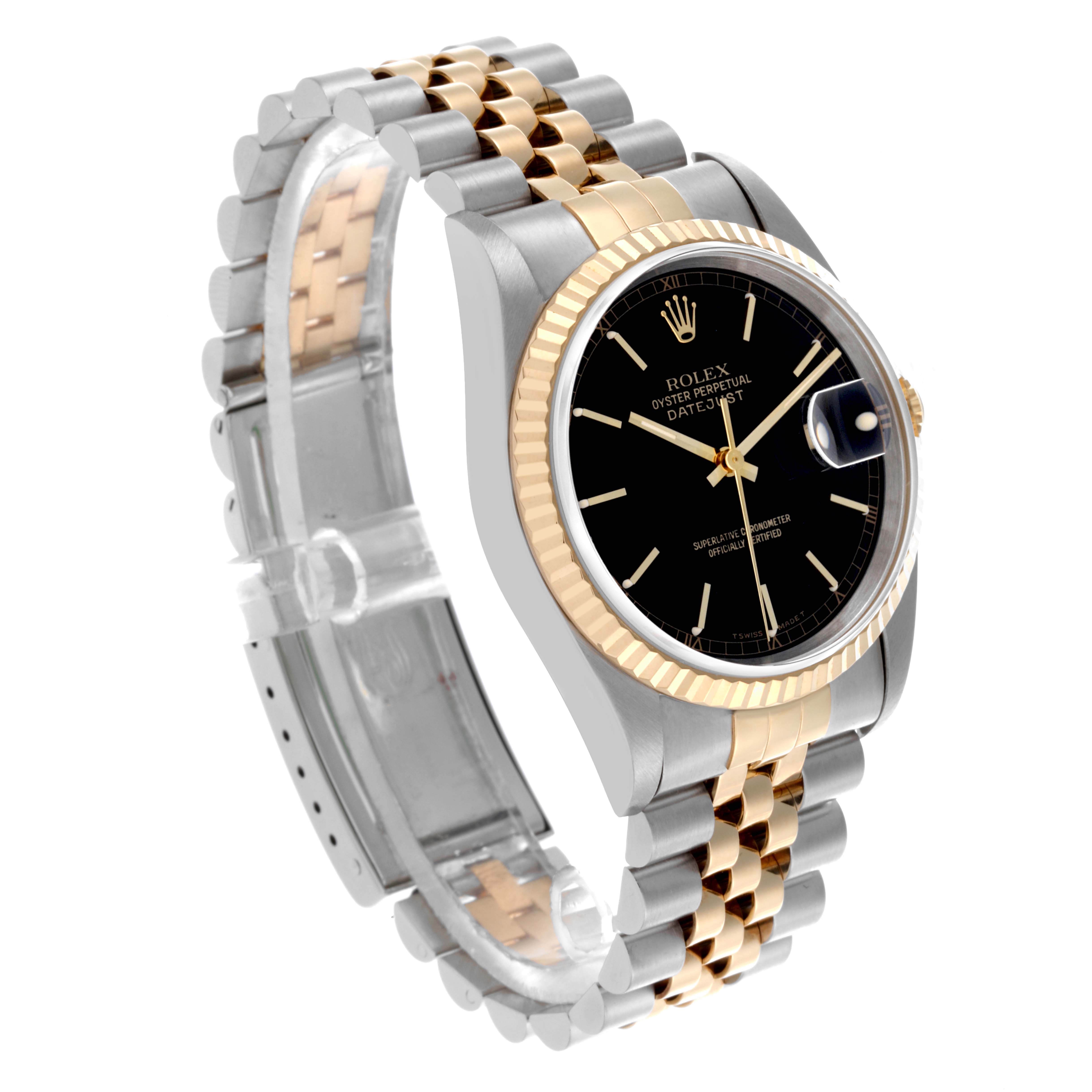 The Rolex Datejust 16233 Men's Steel and Gold (two tone) Black Dial 16233 Men's Steel and Gold (two tone) Black Dial watch is shown at a three-quarter angle, highlighting its bezel, dial, and bracelet.