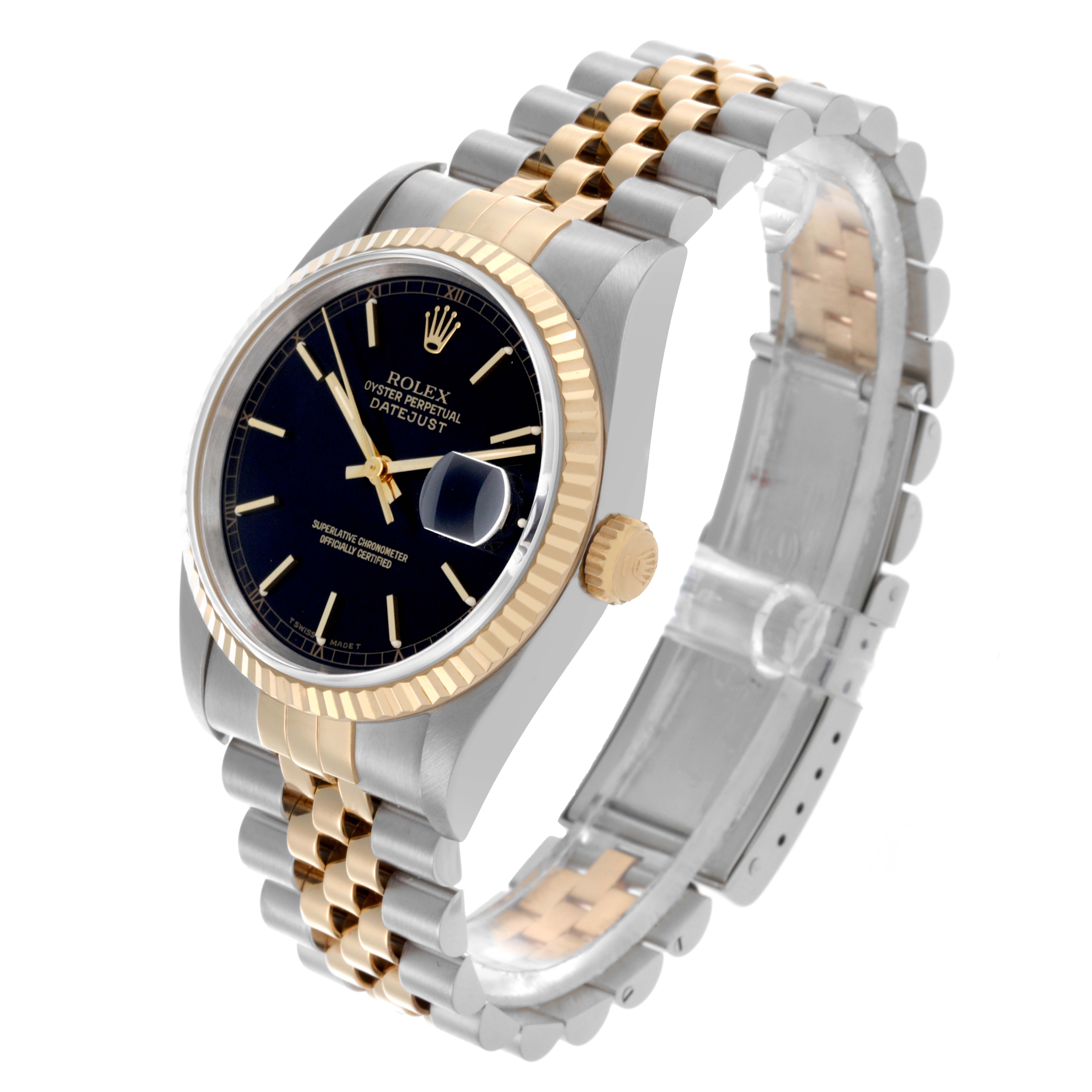 The Rolex Datejust 16233 Men's Steel and Gold (two tone) Black Dial 16233 Men's Steel and Gold (two tone) Black Dial watch is shown at a three-quarter angle, displaying the face, bezel, and bracelet.