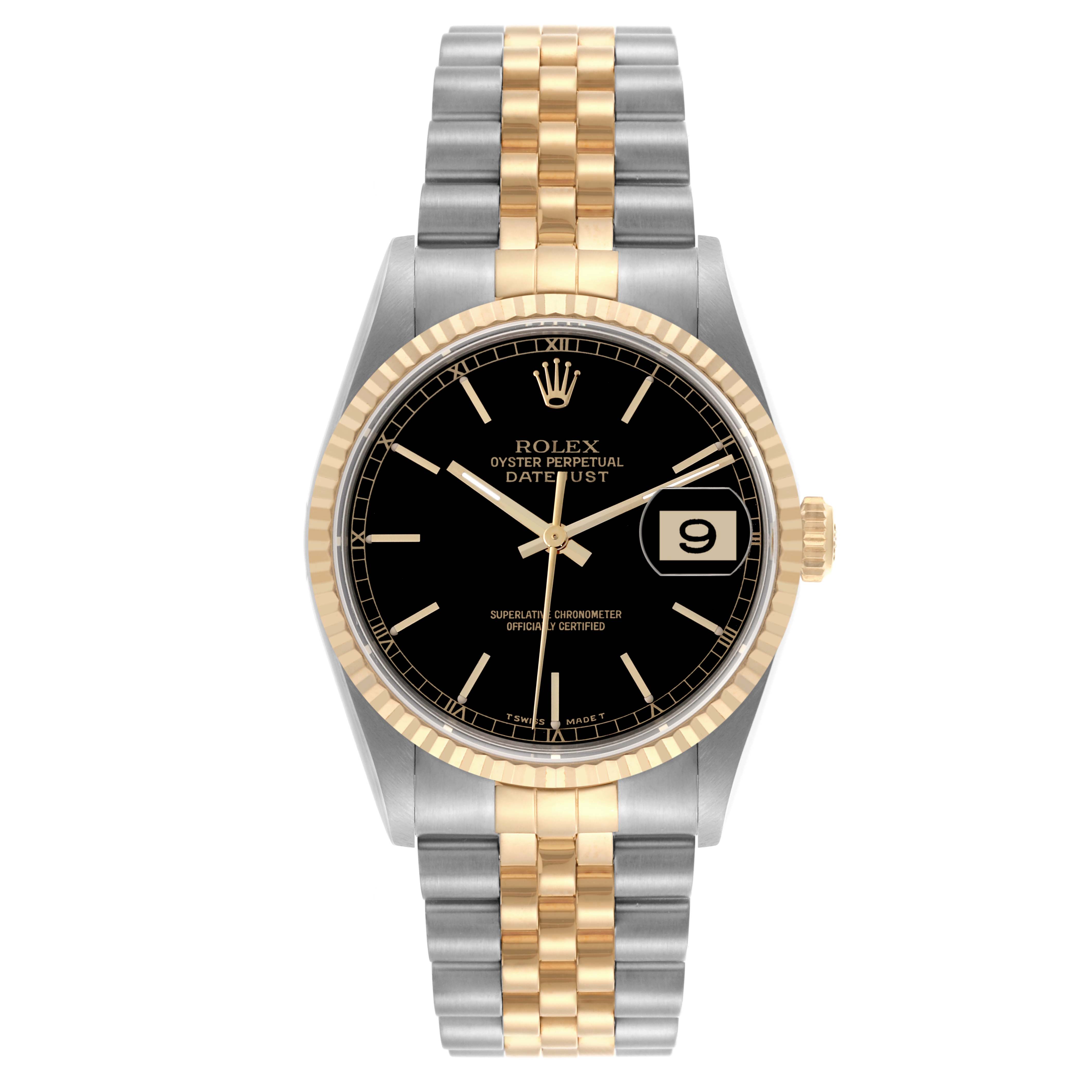 The Rolex Datejust 16233 Men's Steel and Gold (two tone) Black Dial 16233 Men's Steel and Gold (two tone) Black Dial watch is shown from a front angle, displaying its dial, bezel, crown, and two-tone bracelet.
