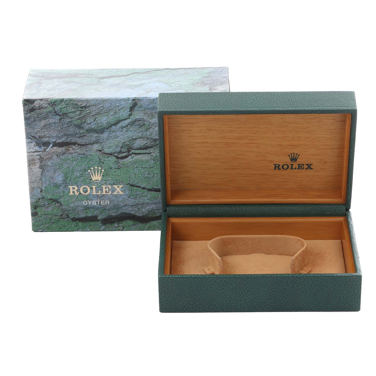 The image shows an open Rolex Datejust 16233 Men's Steel and Gold (two tone) Black Dial 16233 Men's Steel and Gold (two tone) Black Dial watch box and its outer packaging from a slightly elevated angle.