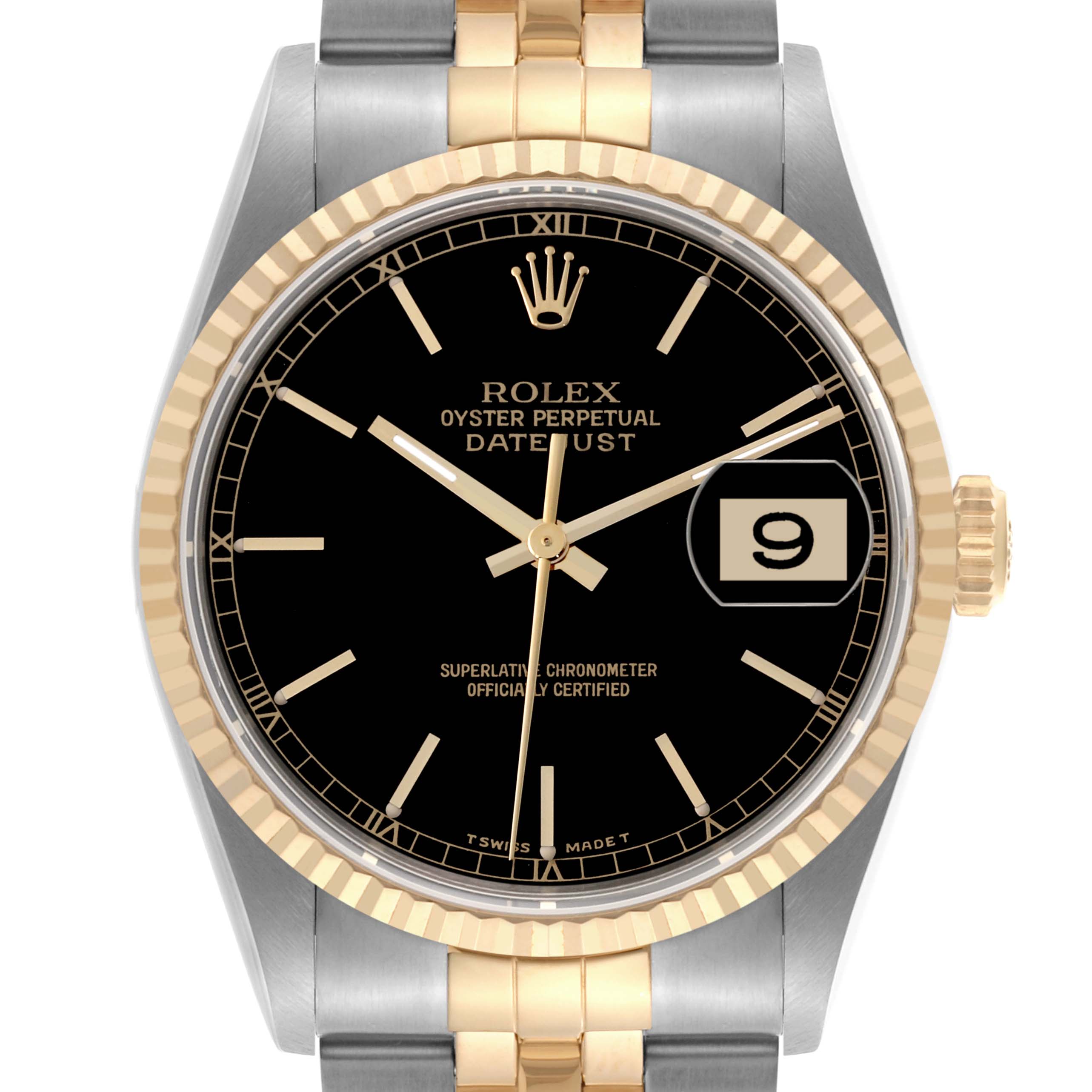 The Rolex Datejust 16233 Men's Steel and Gold (two tone) Black Dial 16233 Men's Steel and Gold (two tone) Black Dial watch is shown from the front, highlighting its black dial, bezel, crown, and part of the bracelet.