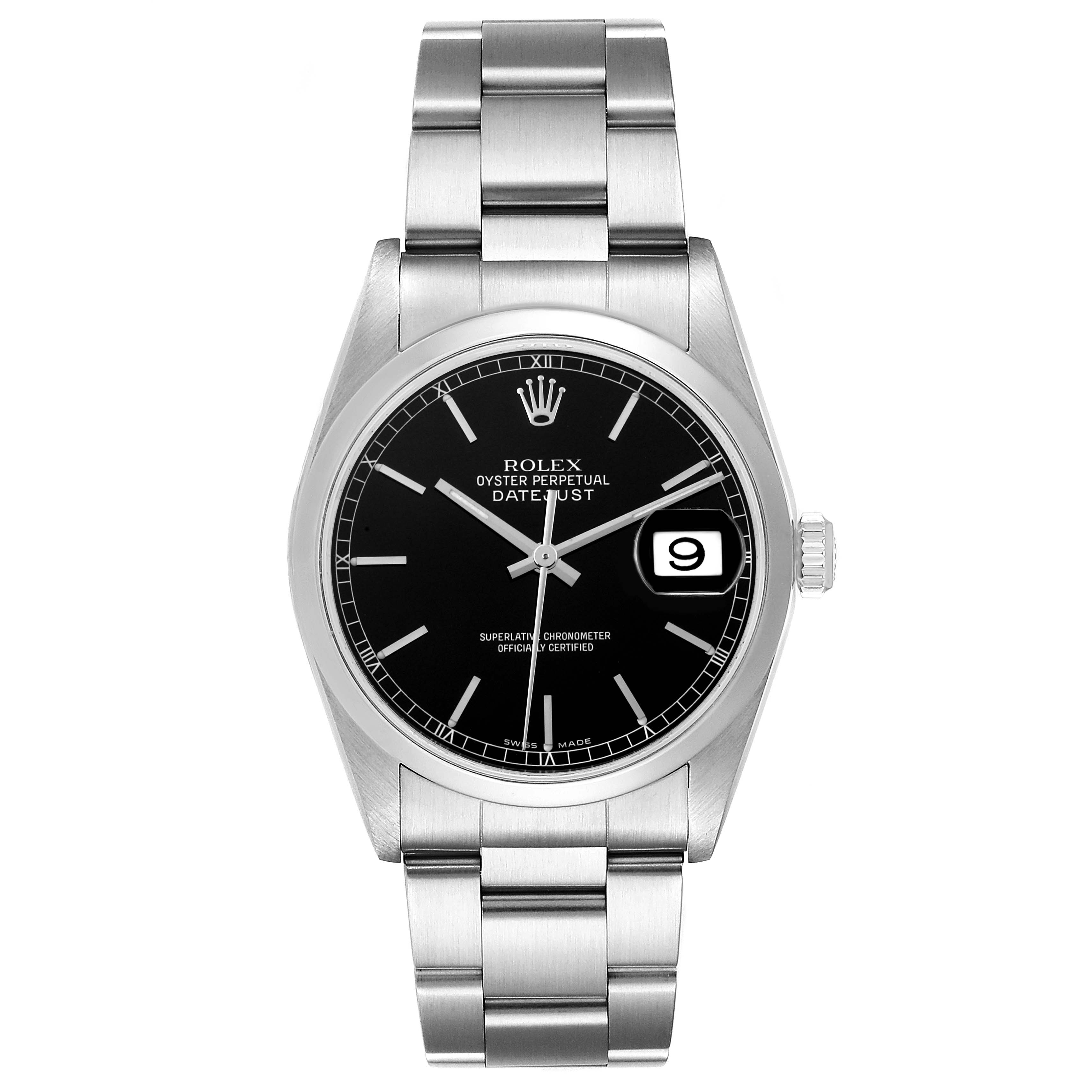 The Rolex Date 16200 Men's Stainless Steel Black Dial 16200 Men's Stainless Steel Black Dial model is shown from a front angle, displaying its dial, bezel, bracelet, and cyclops lens.