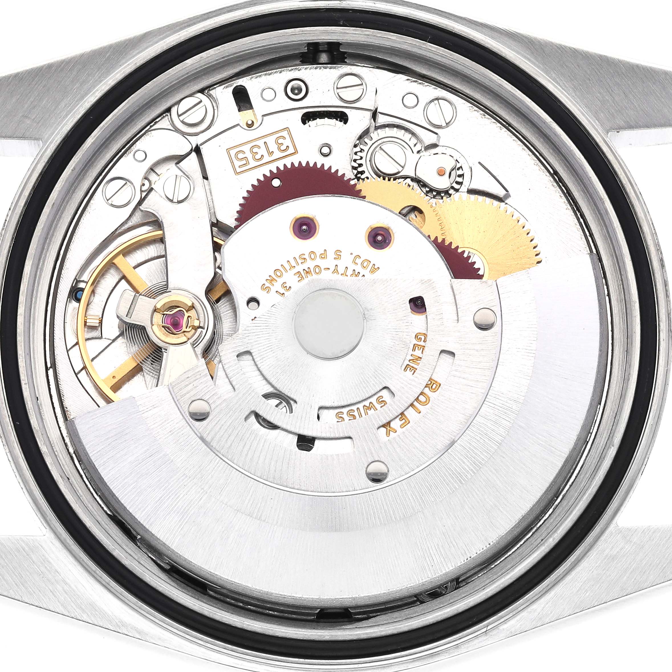 The image shows the movement mechanism of a Rolex Date 16200 Men's Stainless Steel Black Dial 16200 Men's Stainless Steel Black Dial model from a top-down angle.