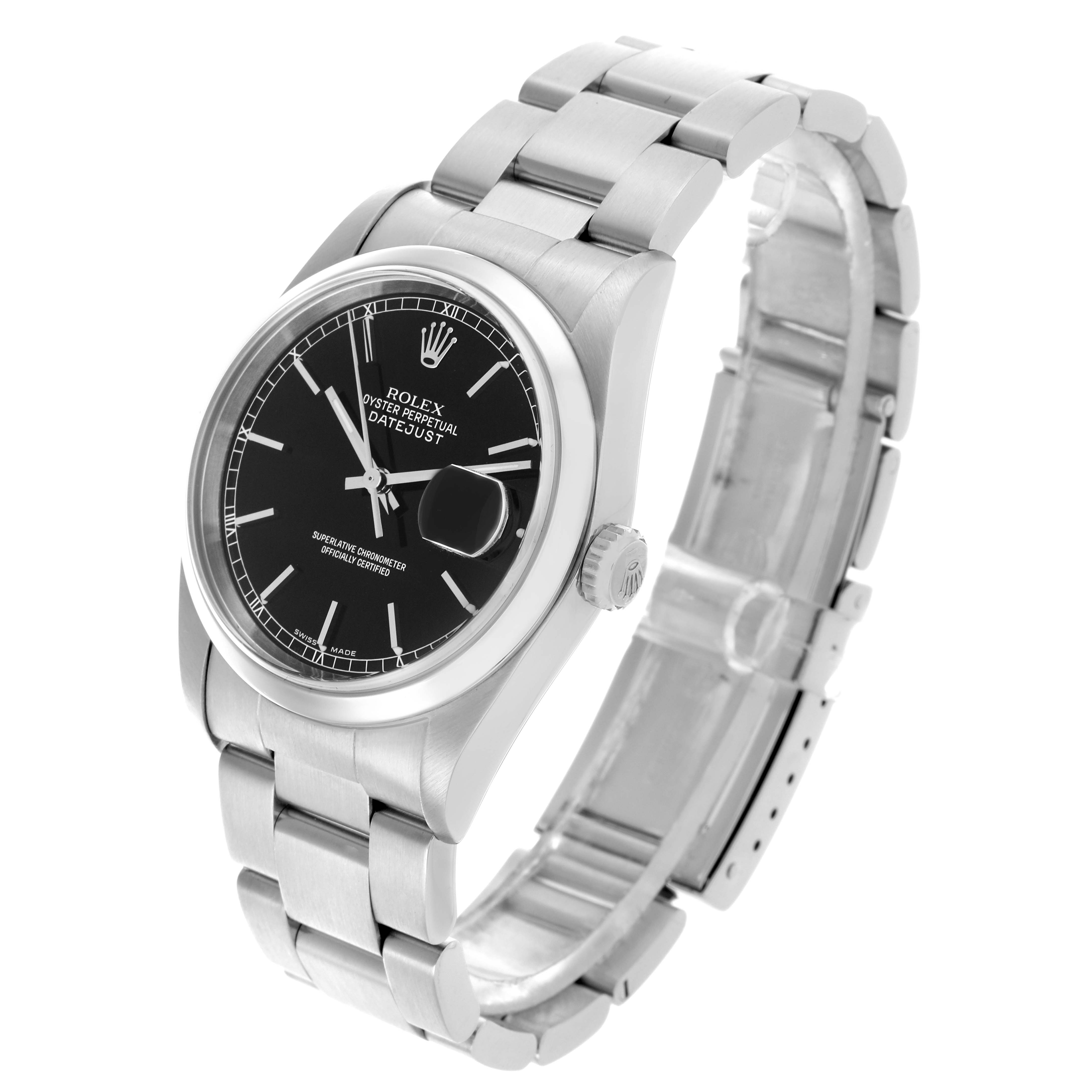 The Rolex Date 16200 Men's Stainless Steel Black Dial 16200 Men's Stainless Steel Black Dial model watch is shown at a three-quarter angle, highlighting the face, bracelet, and side crown.