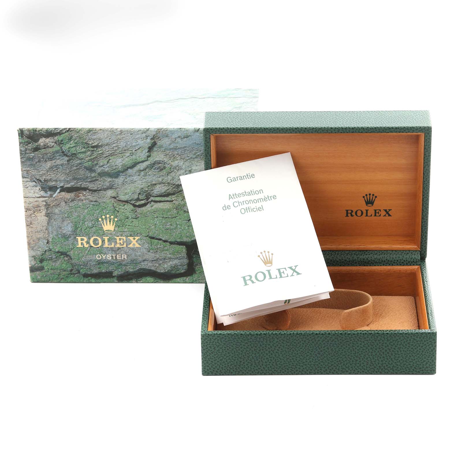 The image shows the packaging and warranty card for a Rolex Date 16200 Men's Stainless Steel Black Dial 16200 Men's Stainless Steel Black Dial model watch.