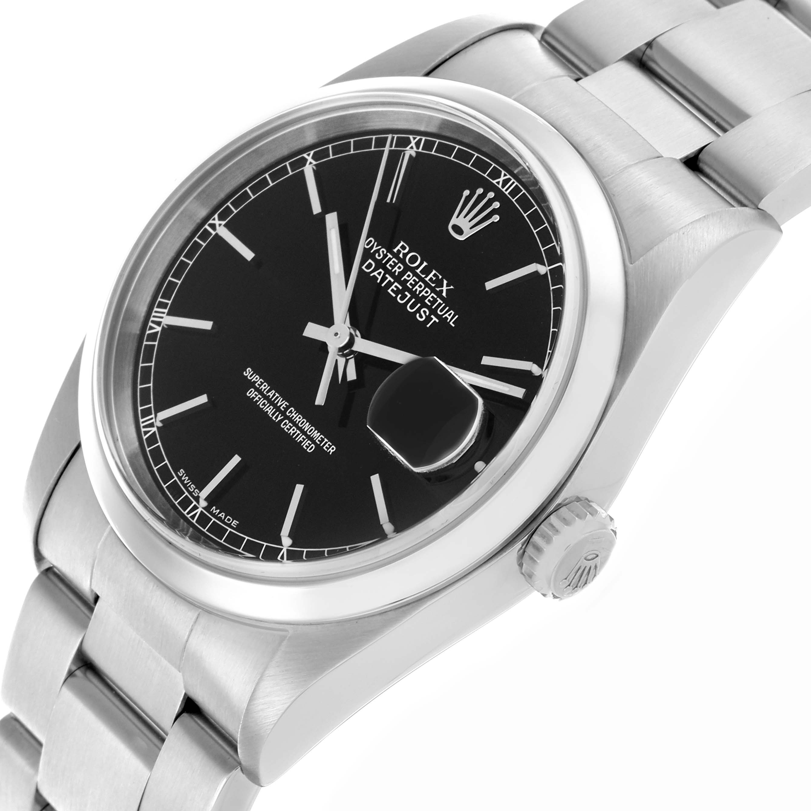 This image shows a Rolex Date 16200 Men's Stainless Steel Black Dial 16200 Men's Stainless Steel Black Dialjust watch from an angled top view, highlighting the black dial, bezel, and bracelet with the crown.