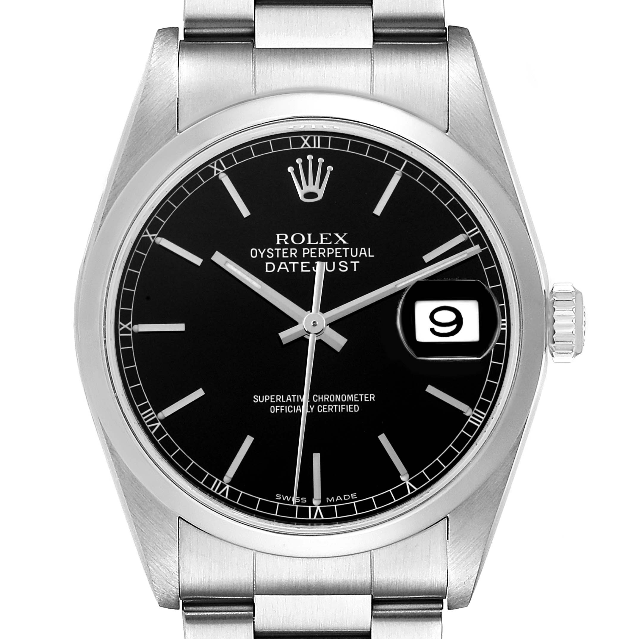 The Rolex Date 16200 Men's Stainless Steel Black Dial 16200 Men's Stainless Steel Black Dialjust watch is shown from the front, displaying the dial, crown, and part of the bracelet.