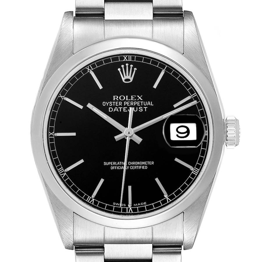 The Rolex Datejust watch is shown from the front, displaying the dial, crown, and part of the bracelet.