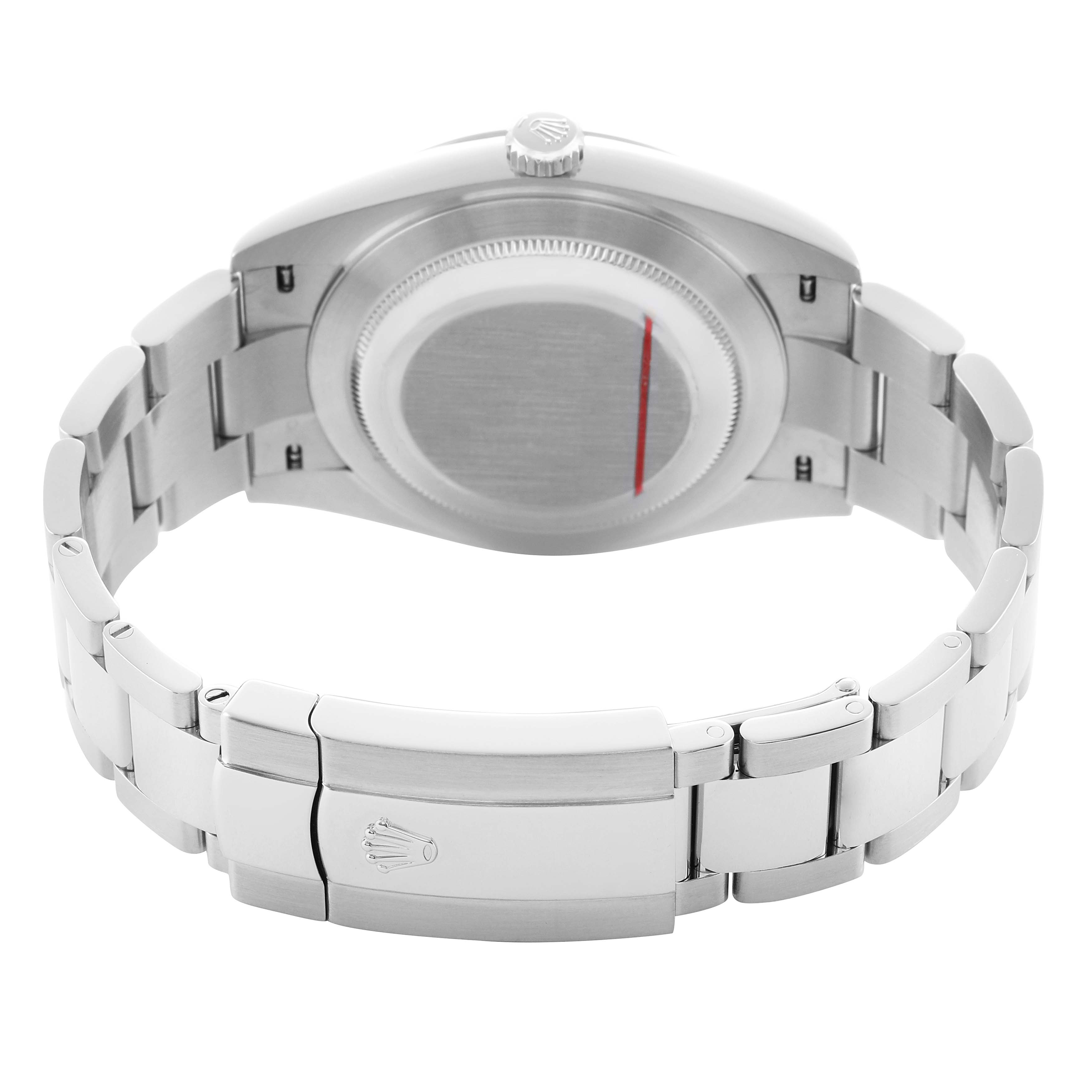 The image shows the back and clasp of a Rolex Datejust 41 126300 Men's Stainless Steel Silver Dial, highlighting the bracelet and crown.