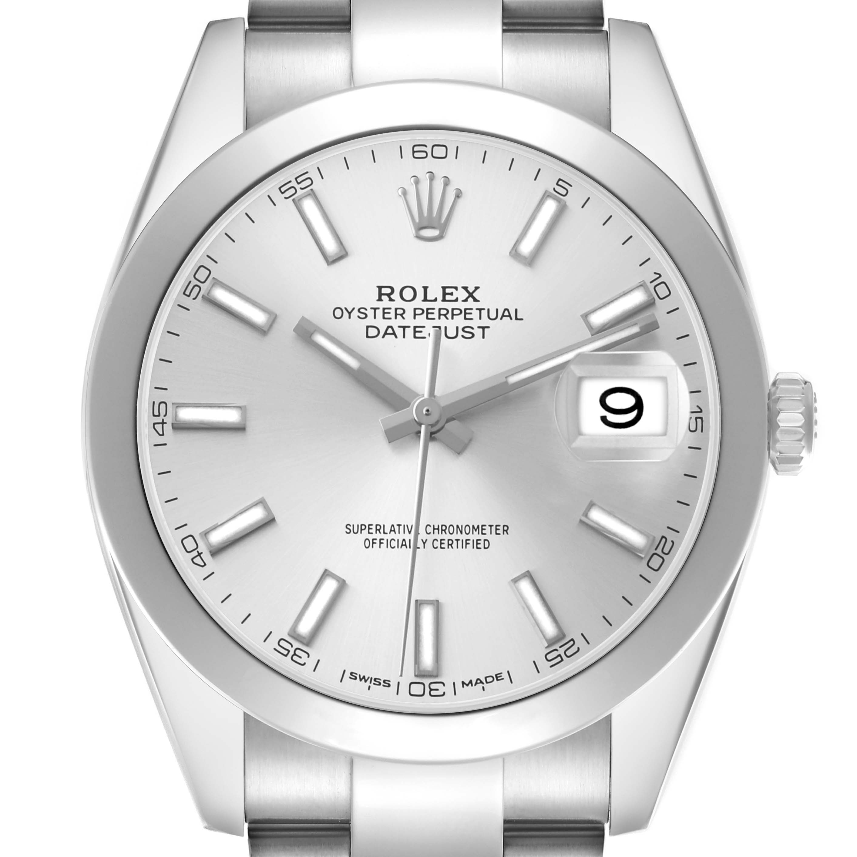 The Rolex Datejust 41 126300 Men's Stainless Steel Silver Dial watch is shown from a frontal angle, displaying the dial, hour markers, hands, date window, and crown.
