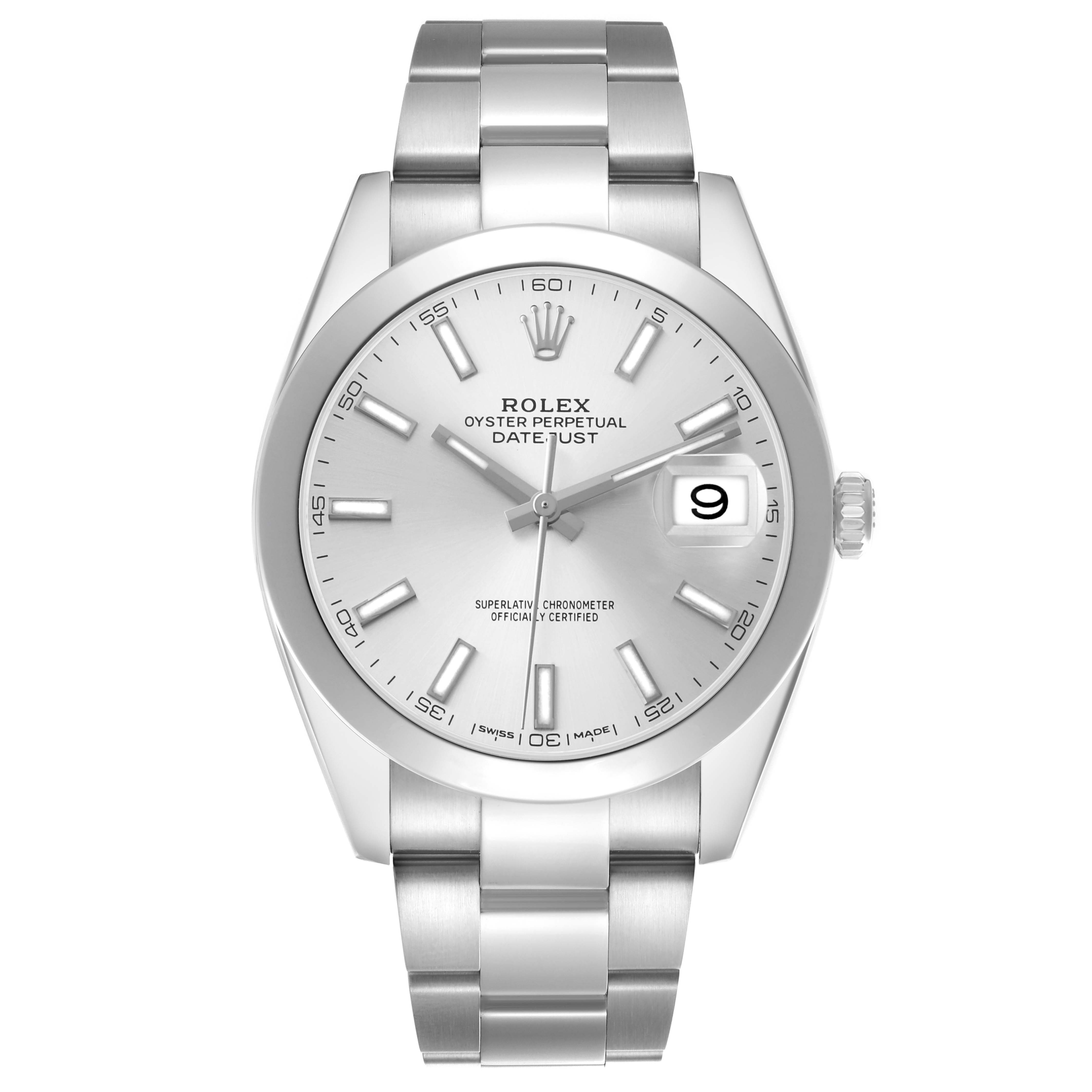 The Rolex Datejust 41 126300 Men's Stainless Steel Silver Dial is shown from a front angle, displaying its dial, hands, bracelet, and date window.