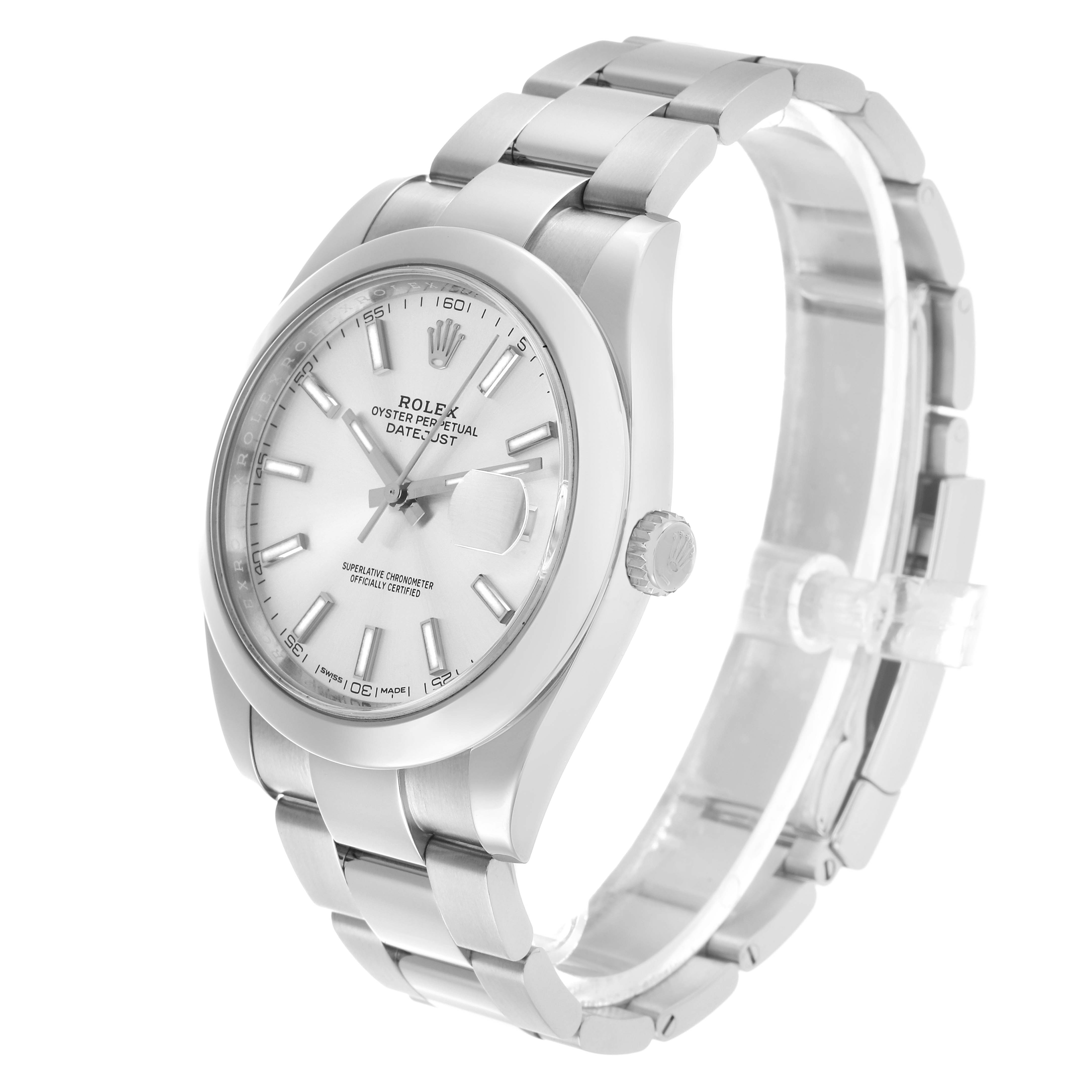 The Rolex Datejust 41 126300 Men's Stainless Steel Silver Dial watch is shown at a three-quarter angle, displaying the face, bracelet, and side profile.