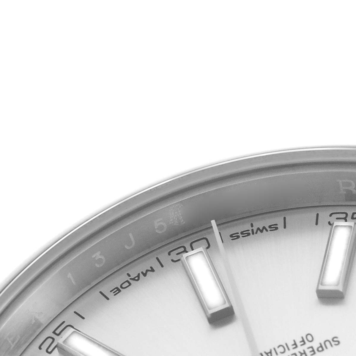 The image shows a close-up angle of the Rolex Datejust 41 126300 Men's Stainless Steel Silver Dial watch, highlighting the edge of the dial, indices, and partial hour markers.