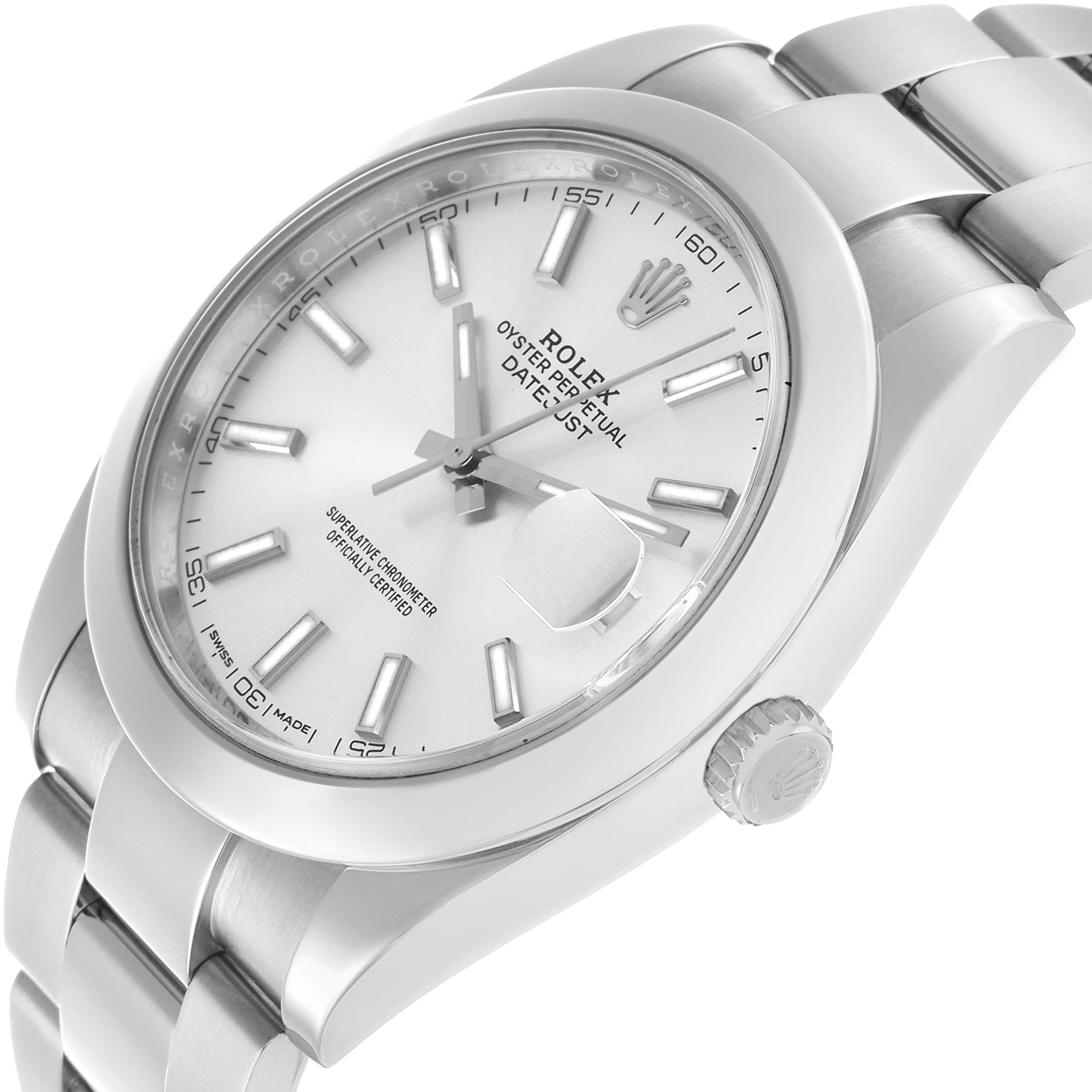 The Rolex Datejust 41 126300 Men's Stainless Steel Silver Dial is shown from a tilted side angle, highlighting the dial, bezel, crown, and part of the bracelet.