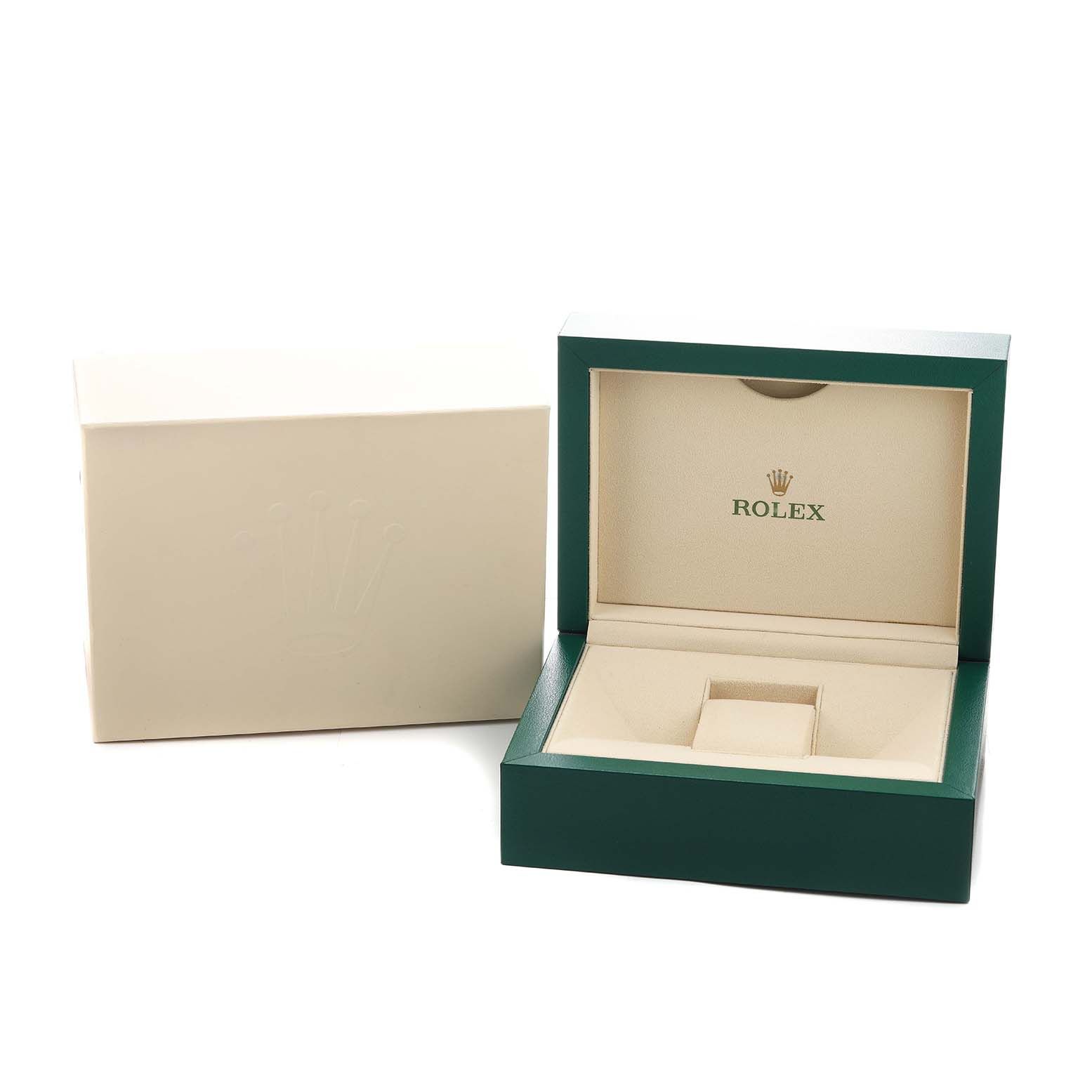 The image shows an open Rolex Datejust 41 126300 Men's Stainless Steel Silver Dial box and an outer case from a slightly angled perspective.